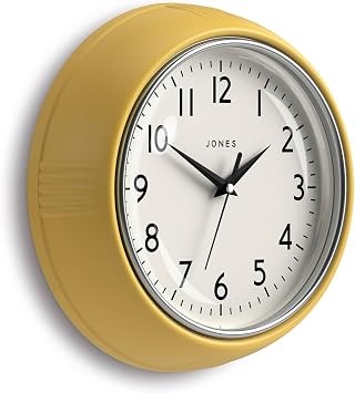 JONES CLOCKS Ketchup wall Clock | Round Retro Diner Clock | 10 inch | Yellow | Ideal for the Kitchen, Living Room, Office or Bedroom | Easy to Read Numbers