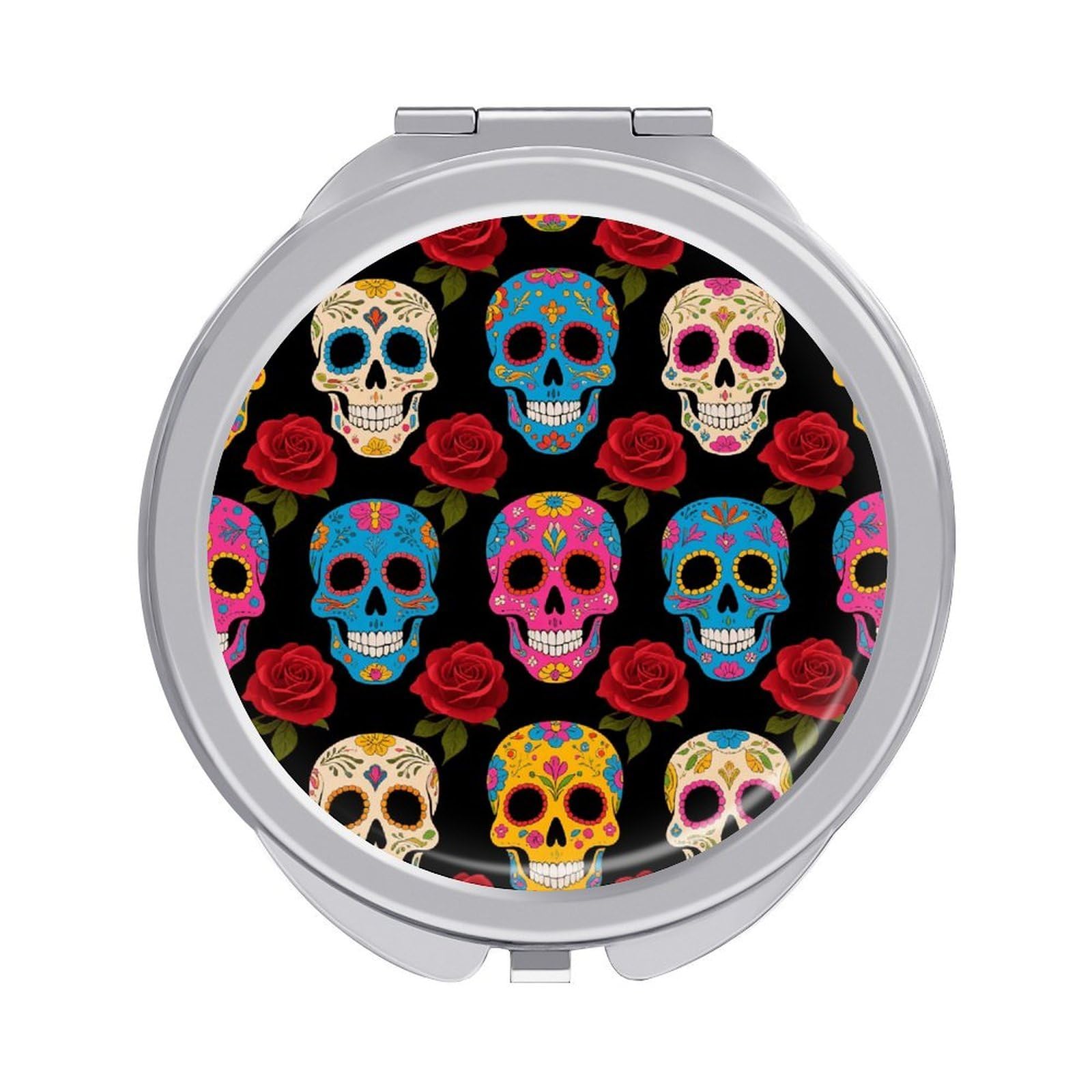 FodPand Compact Hand Mirror with 1x/2x Magnifying Round Travel Makeup Mirror Mini Foldable Sugar Skulls Cosmetic Mirrors Travel Essentials Gift for Women Girl Portable for Pocket Purse -Silver