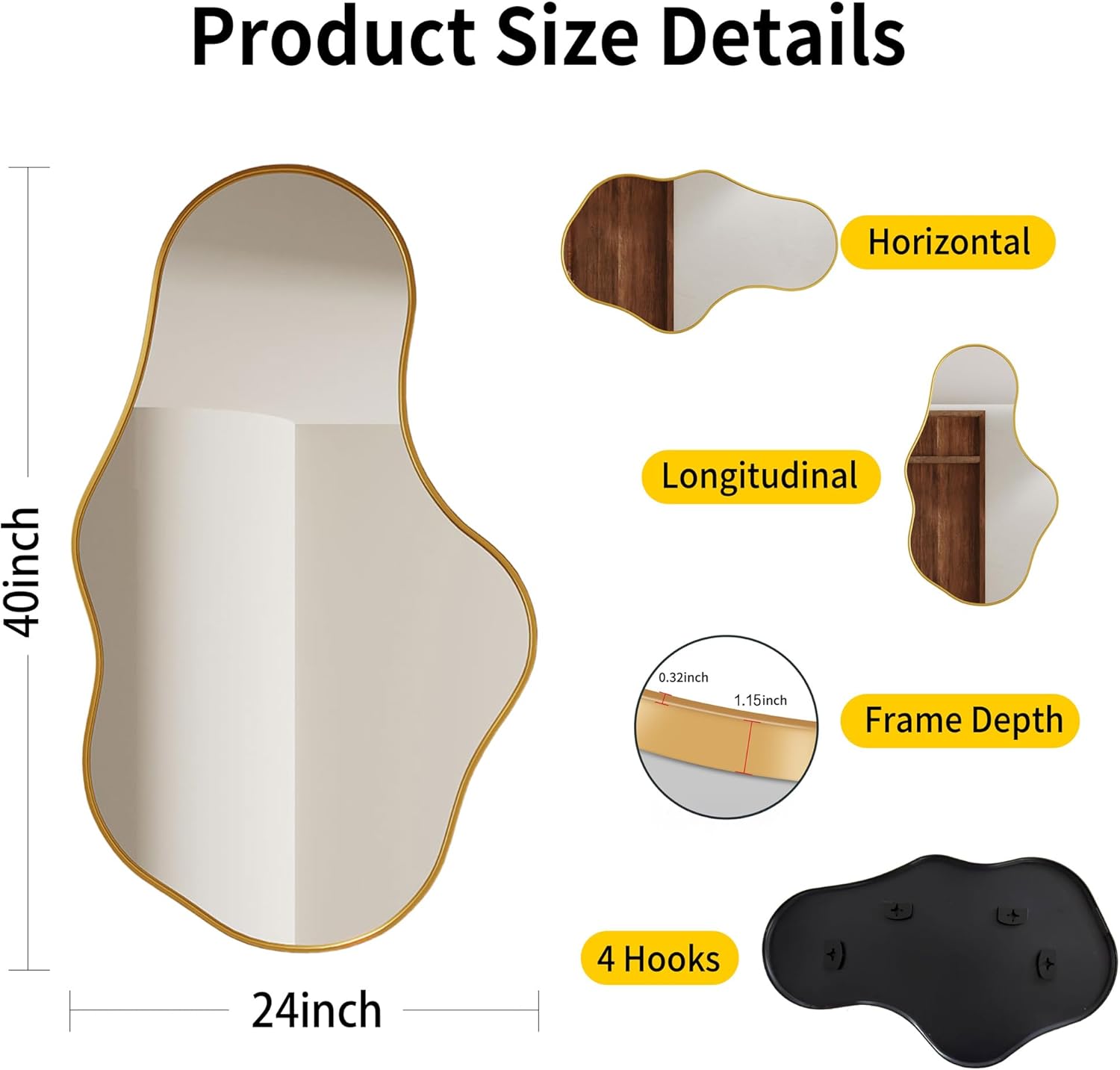 Irregular Wall Mirror - Gold Wall Mirrors Decorative 24"x 40" Wavy Asymmetrical Abstract Mirror Aviation Aluminum Alloy Frame Unique for Vanity, Entryway, Bathroom, Bedroom, Living Room, Cloakroom Gold 40"L x 24"W