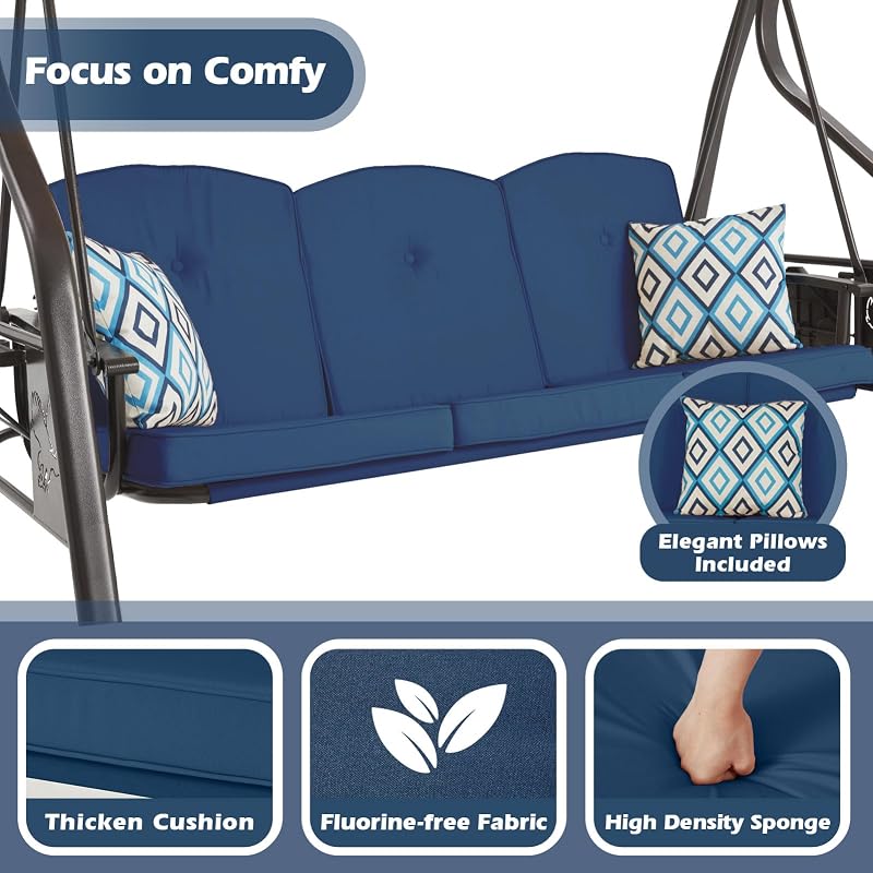 ZZW 3-Seat Outdoor Porch Swing with Stand, Patio Swing with Canopy, 2 in 1 Porch Swing Bed & Patio Swing Chair for Adult, Yard Swing w/Extra Pillows and Cup Holder (Blue) image 4