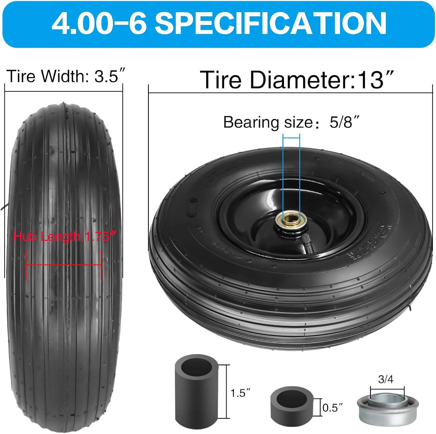 SIMEIQI 13×4.00-6” Pneumatic Tire and Wheel Compatible with Wheelbarrow,5/8" and 3/4" Bearings Centered Hub for Garden Carts Trolley Dolly