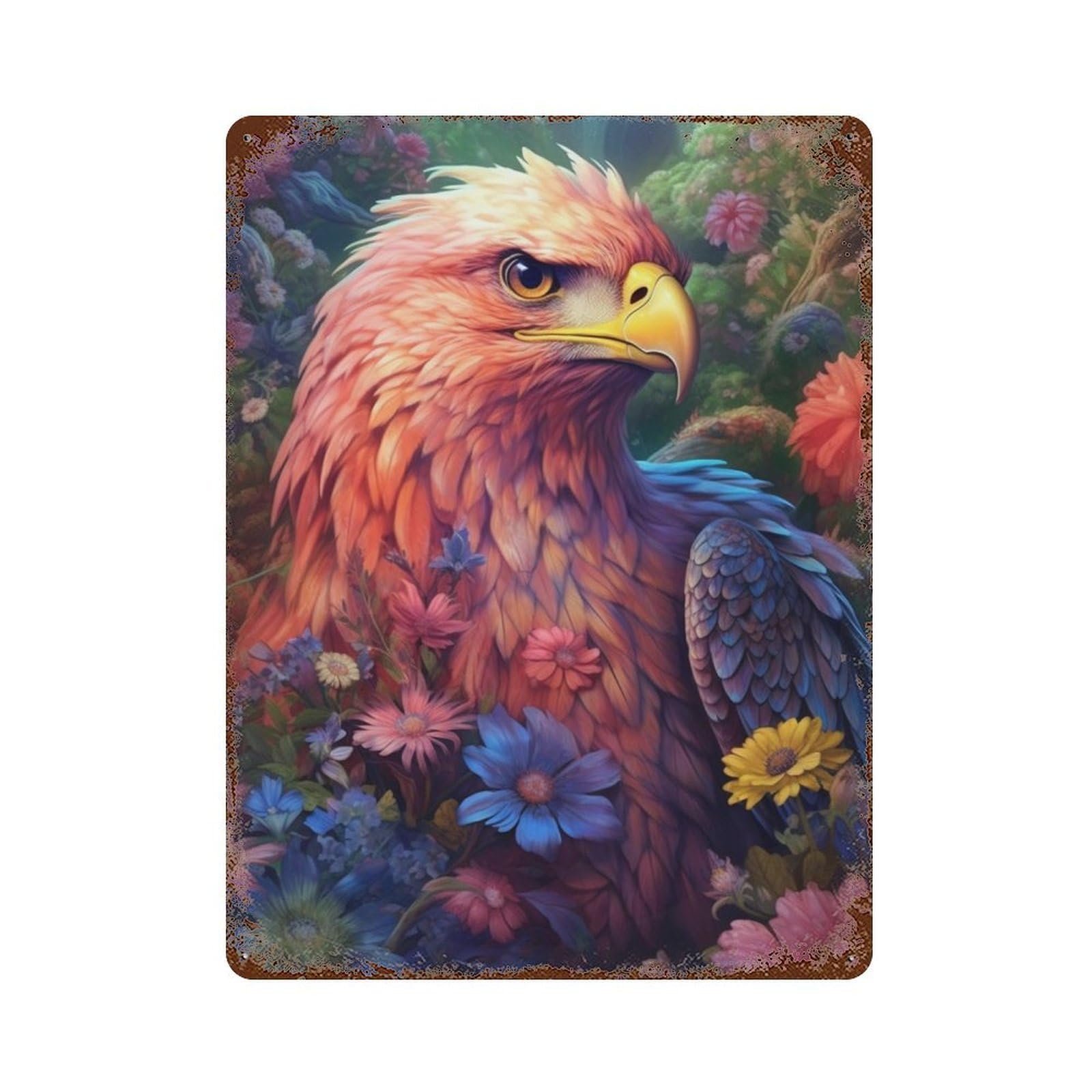 Vintage Rust Metal Sign with Fantasy Eagle in Flowers Design 15.7"x11.8", for Office, Studio And Wall Decor, Farmhouse Wall Decor