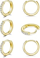 Vista 1 de Aretes pequeños en forma de círculo de plata de ley 925 con circonia cúbica, 3 pares de aros chapados en oro blanco de 14 quilates para piercing