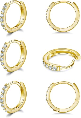 Aretes pequeños en forma de círculo de plata de ley 925 con circonia cúbica, 3 pares de aros chapados en oro blanco de 14 quilates para piercing en