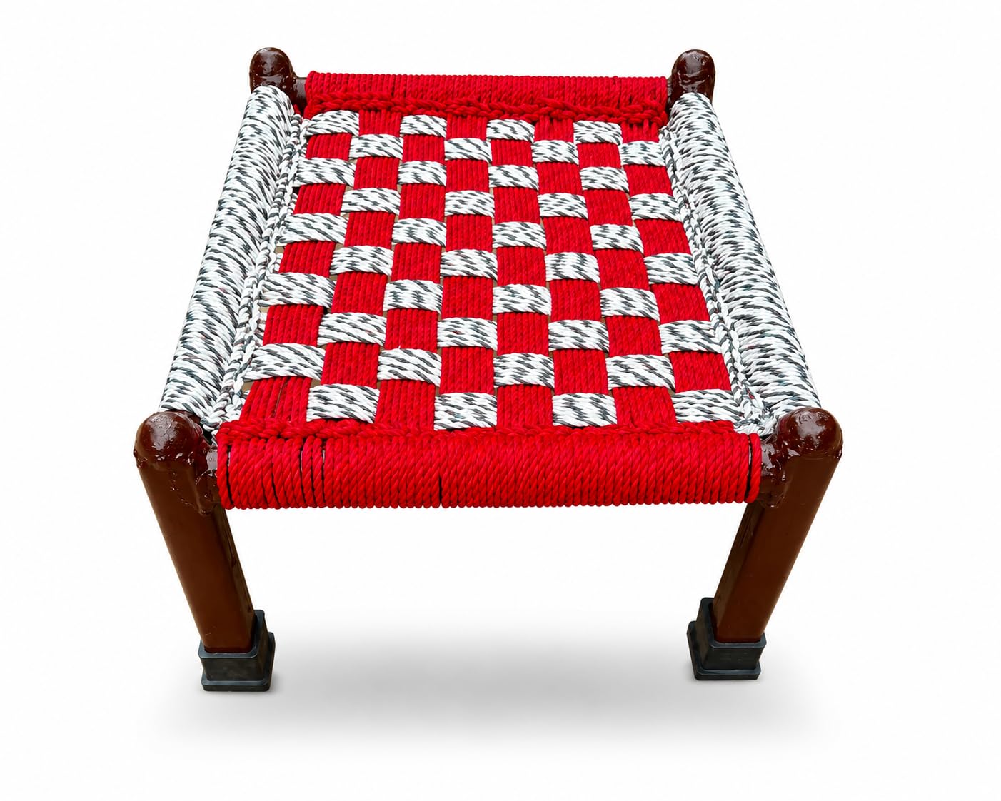 Mini Rajwadi Khatli | Steel Frame Handwoven Rope Stool | Handmade Square Mudda | Blue & White | Traditional Seating for Home & Temple-image-6