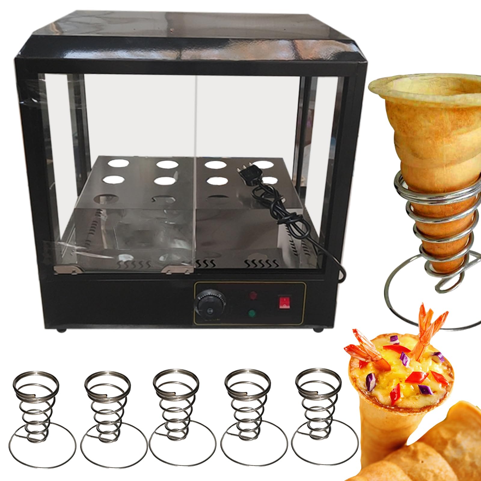 Stainless steel Pizza Cone maker Stand Ice Cream Cone machine 4 conical maker with 8 temperature controller 1 timer (12 holes display warmer, 110V/60HZ)