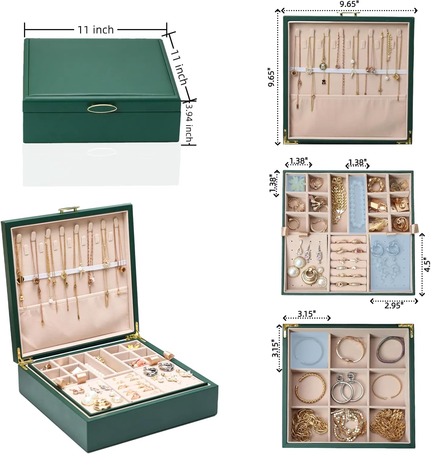 ASINGYER 2-layer jewelry box，Jewelry Organizer with Handle，with hanging necklace hooks, detachable jewelry trays, suitable for storing a large amount of jewelry gift box (Large-Green)