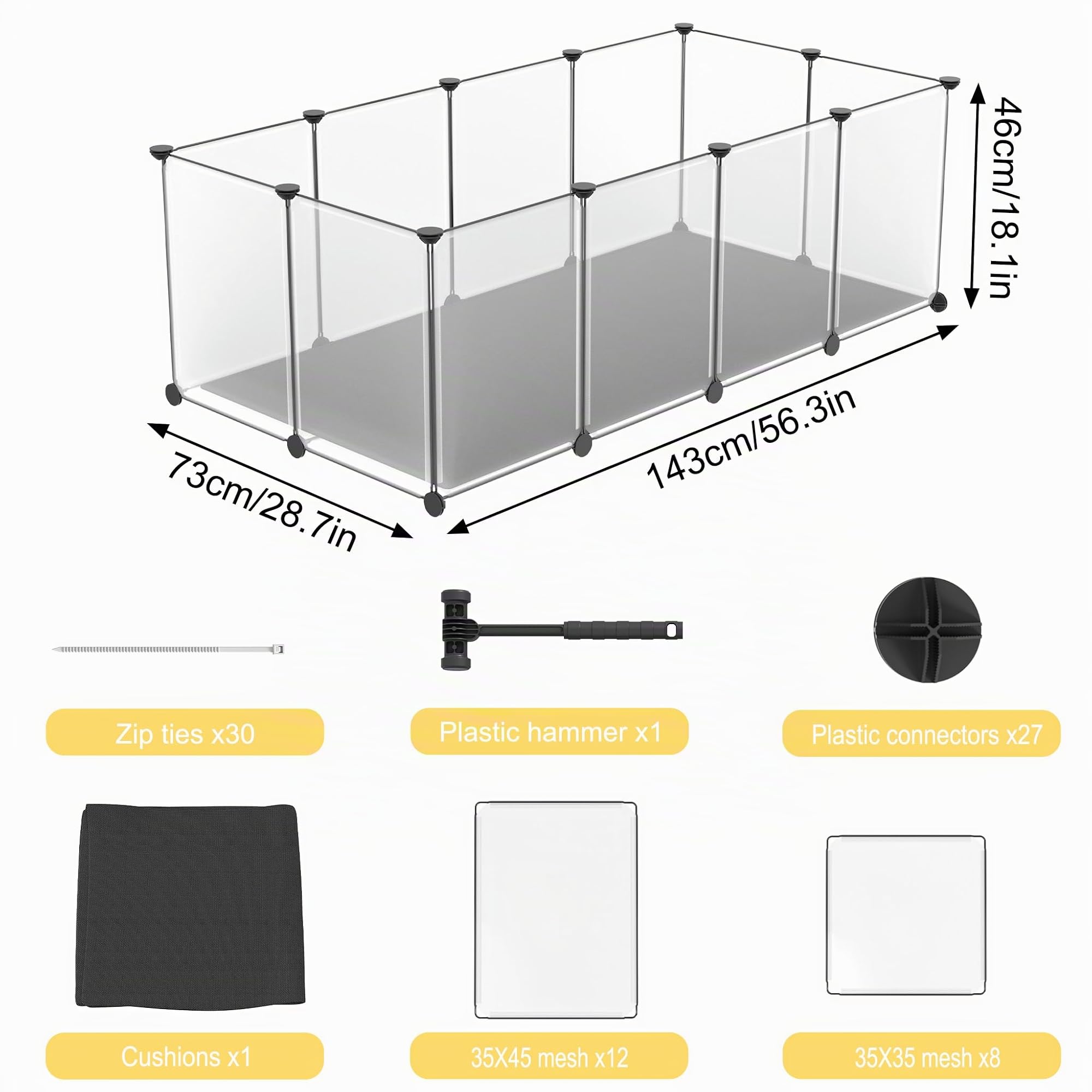 UISEBRT Recinto con placas de suelo y alfombra impermeable, juego de 12 piezas, corral modular, 143×73×46 cm – para animales pequeños y cachorros, caja para perros, jaula para conejos, recinto para