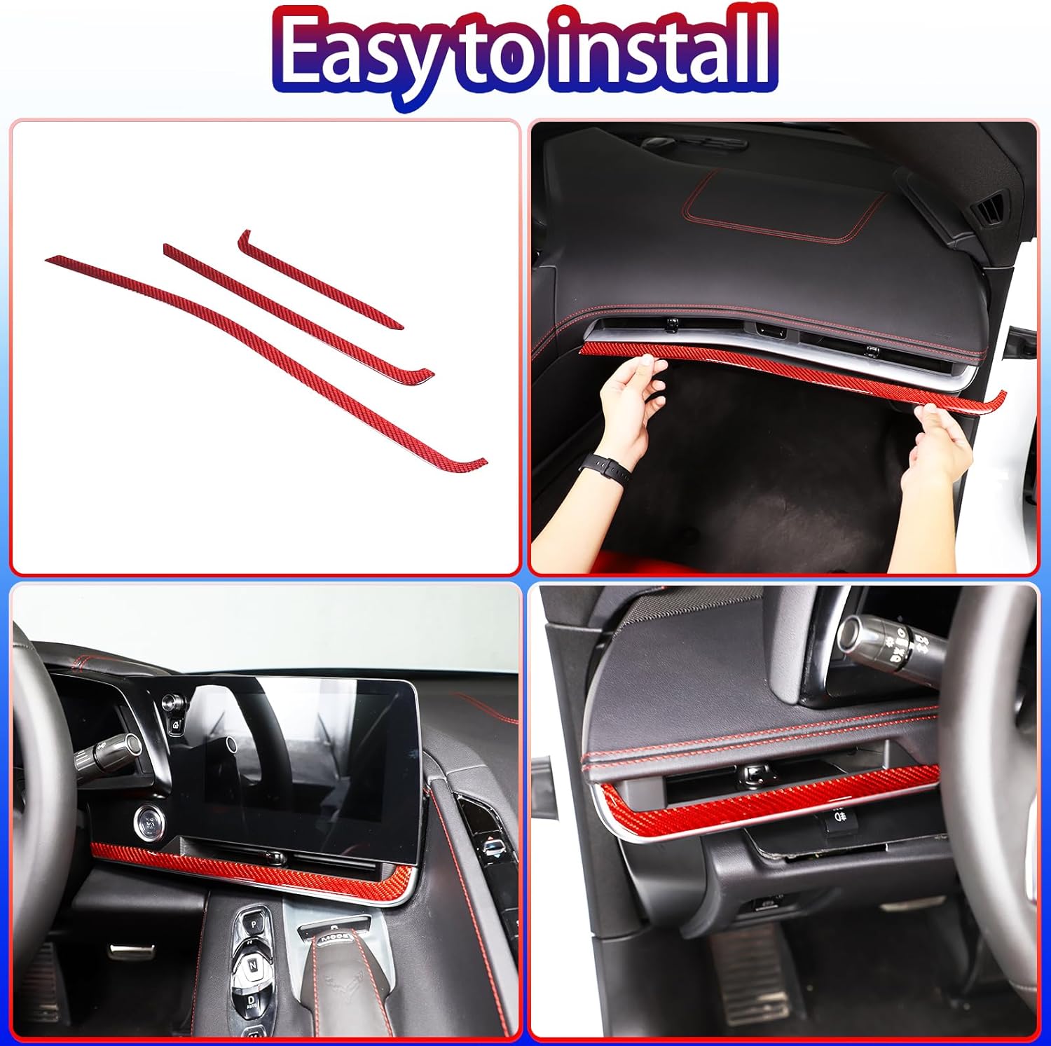 Dashboard Panel Trim Strip Soft Carbon Fiber 3PCS Compatible with Corvette C8 Stingray 2020-2023 Center Console Side Air Outlet Sticker Trim Accessories (Red Carbon)