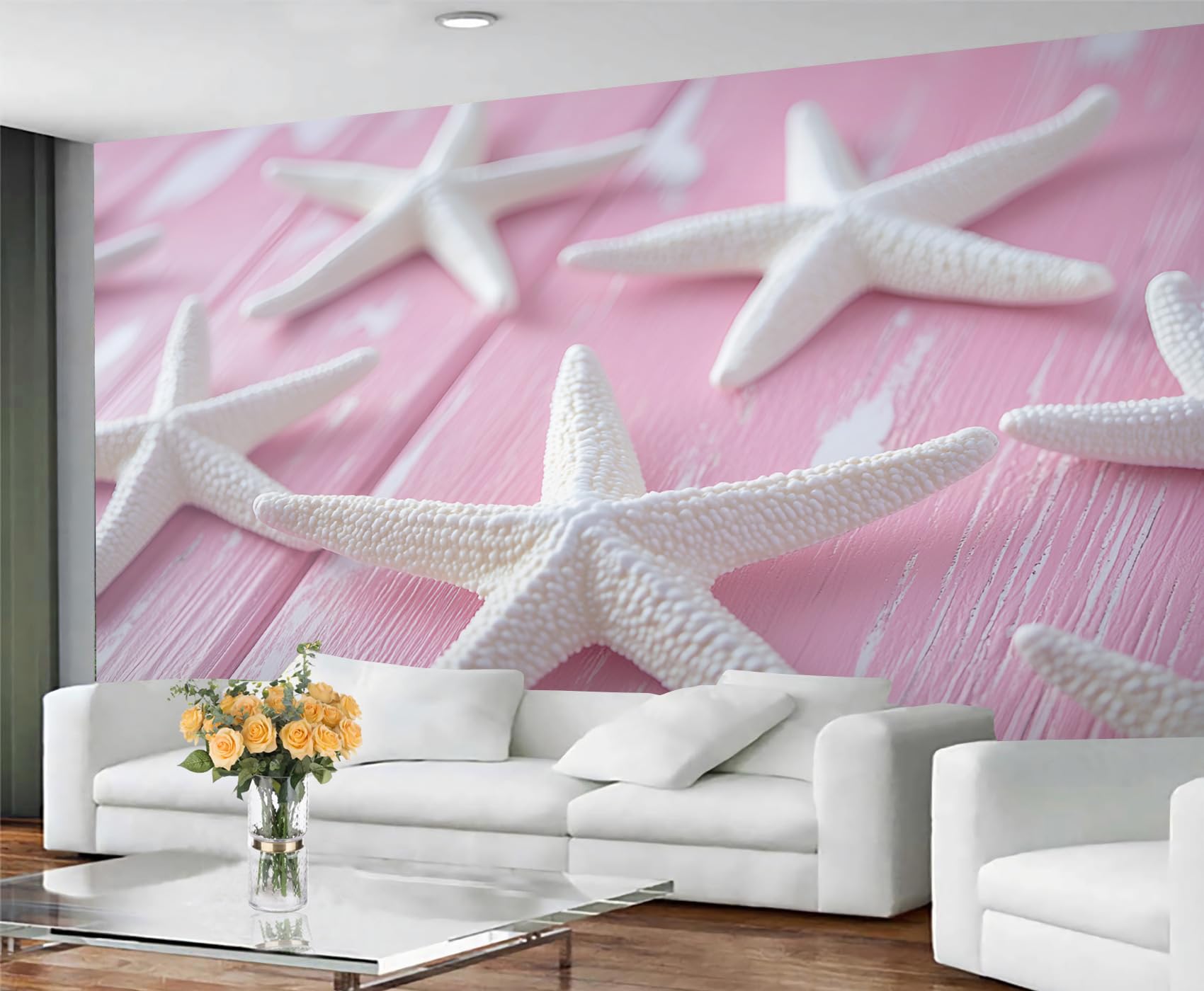 GIVLWF Wallpaper - Starfish Mural & Home Decor, Pink Bedroom Wallpaper, Romantic Nautical Wall Paper for Living Room, Large Mural, Not Self Adhesive