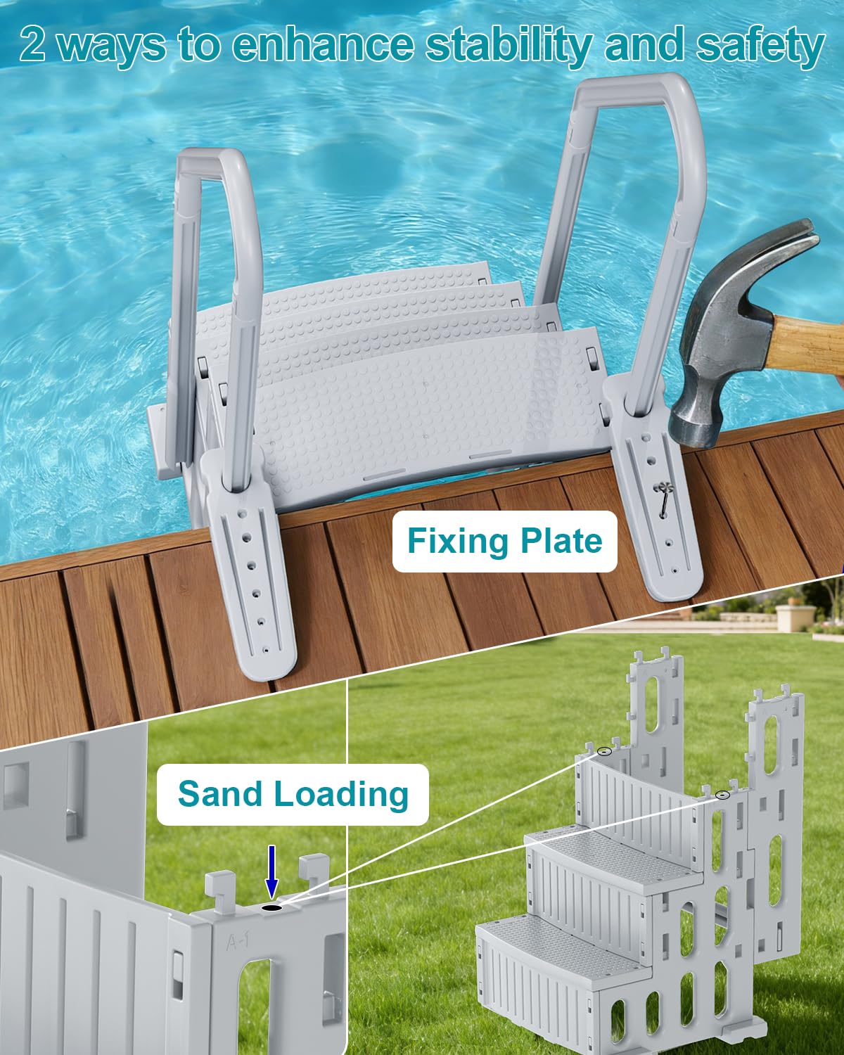 4-stufige Poolleiter mit Handläufen, Pooltreppe 122-142cm für Aufstell und Einbaupools mit utschfesten und robusten Stufen, 180 kg Tragkraft Höhenverstellbar für Schwimmbad, Freibad, Wasserpark