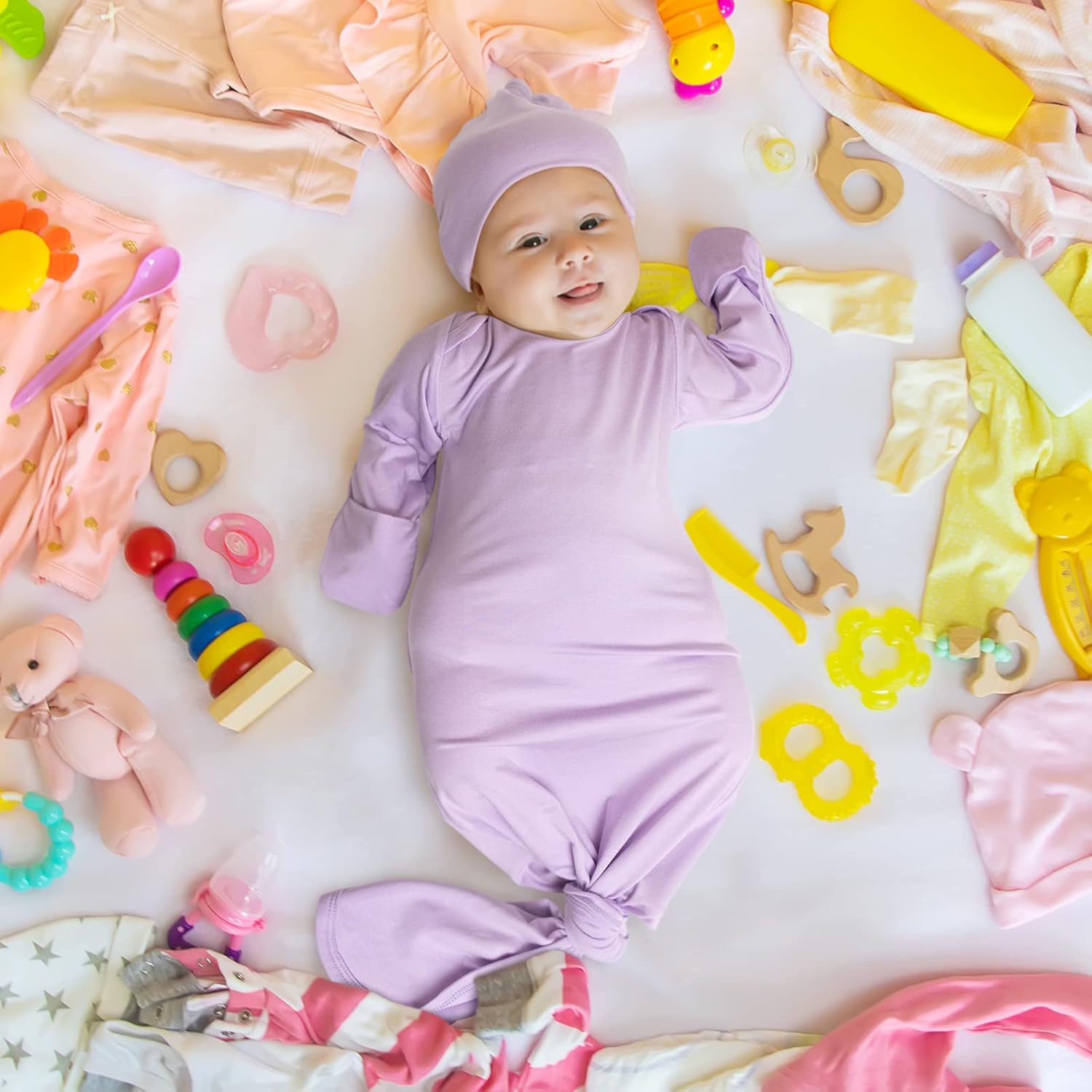 2Pk Newborn Baby Knotted Gown, Super Soft Silky Infant Long Sleeve Sleeper for Baby Sleeping with Hat Light Purple & Deep Pink(2 Packs 0-3 Months) - Image 4