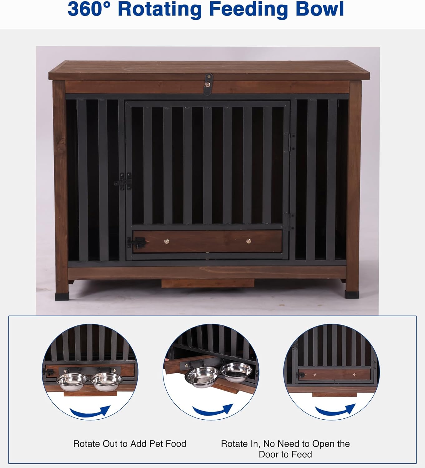 Dog Crate Furniture, Foldable Wooden Dog Kennel Furniture with 360° Rotating Feeding Bowls, Iron Frame Dog Crate with Deepened Sliding Tray - Dark Brown