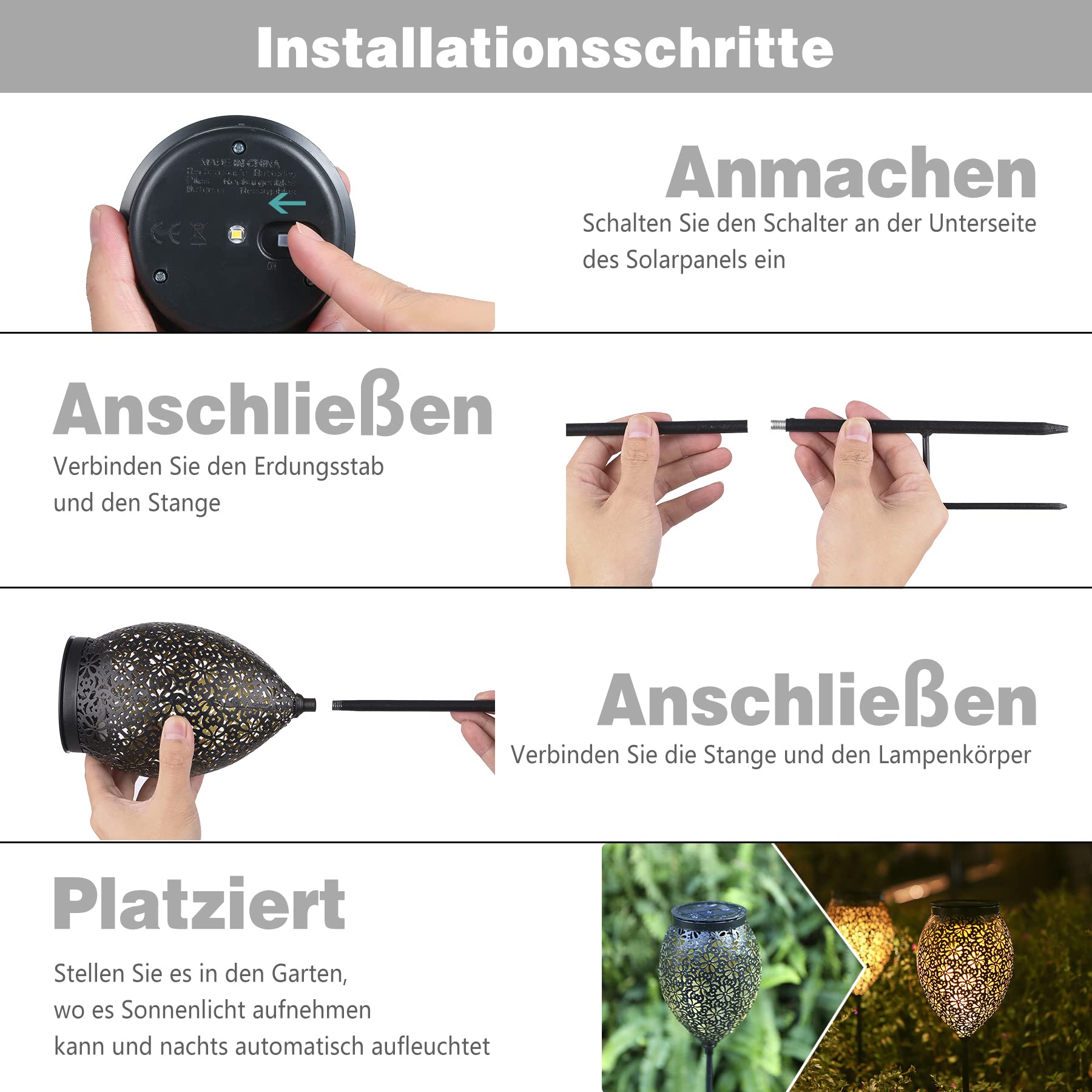 Solarleuchten für Außen Metall 6 Stück, IP65 Wetterfest Solarlampen für Außen Gartenstecker mit Blumenmuster, Vintage Gartenbeleuchtung Solar Wegeleuchten Höhenverstellbar, Weihnachtsdeko für Frauen