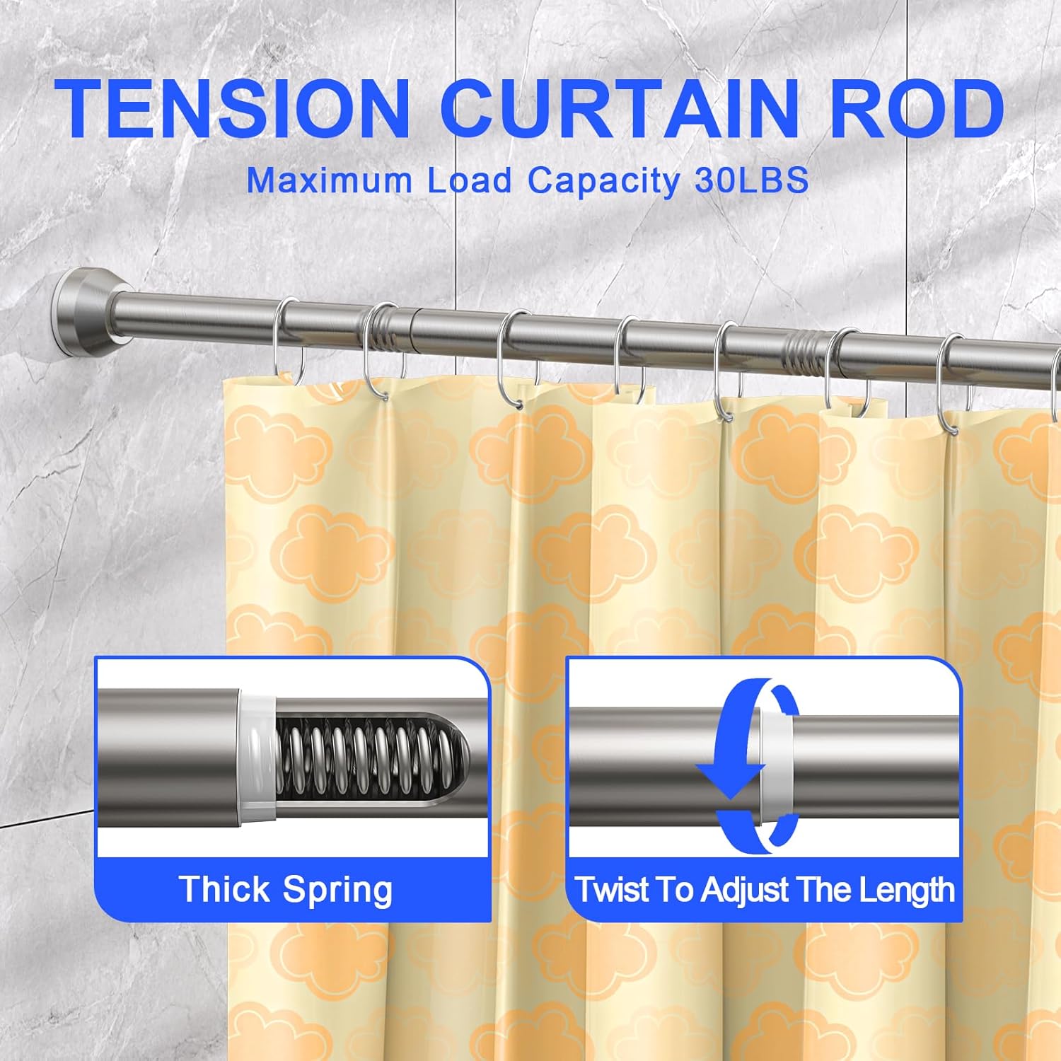 teeck shower curtain rod, 32-79 inch adjustable tension spring, 1 inch shower curtain rod tension, anti-slip, rust-proof, no drilling, for bathroom, nickel nickel 32-79 inches