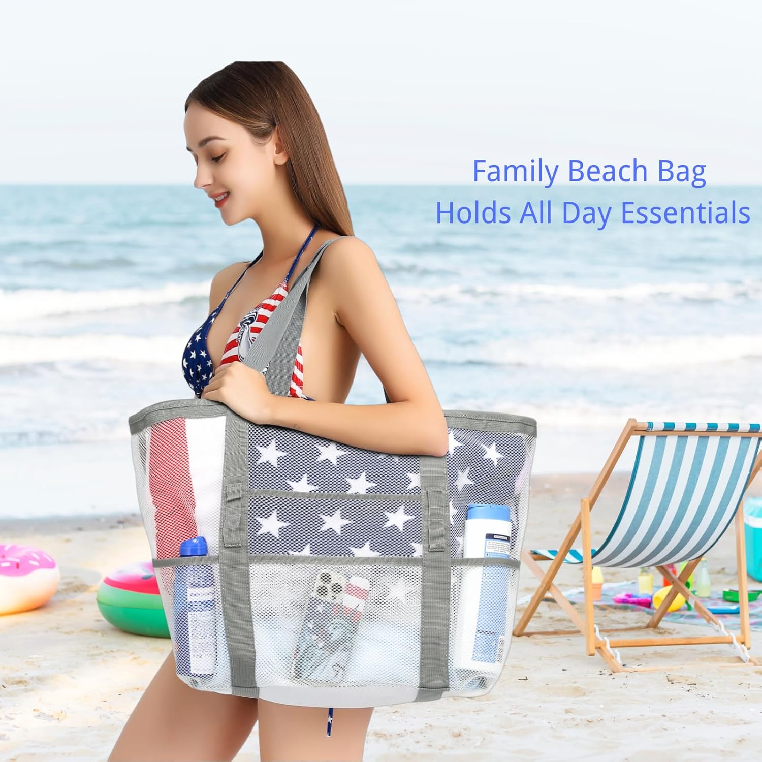 F-color Mesh Beach Bag Family - Large Tote Bag for Cruise Pool Toys Beach Vacation Essentials - Image 8