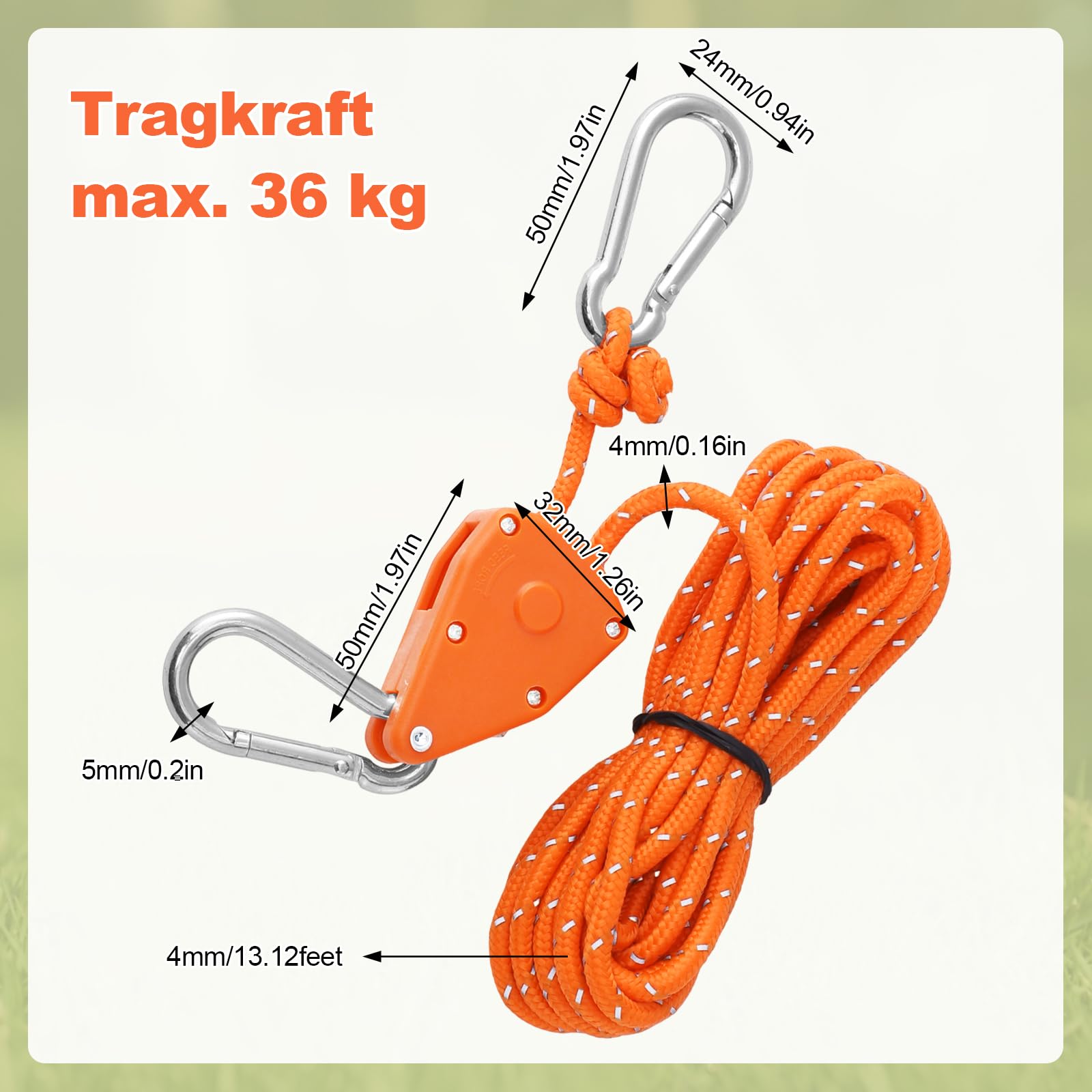 8 Stück Flaschenzug mit Seilbremse, 4m Seilratsche Einstellbar Abspannseile φ 4mm Seilspanner mit Karabiner für Camping Zelte