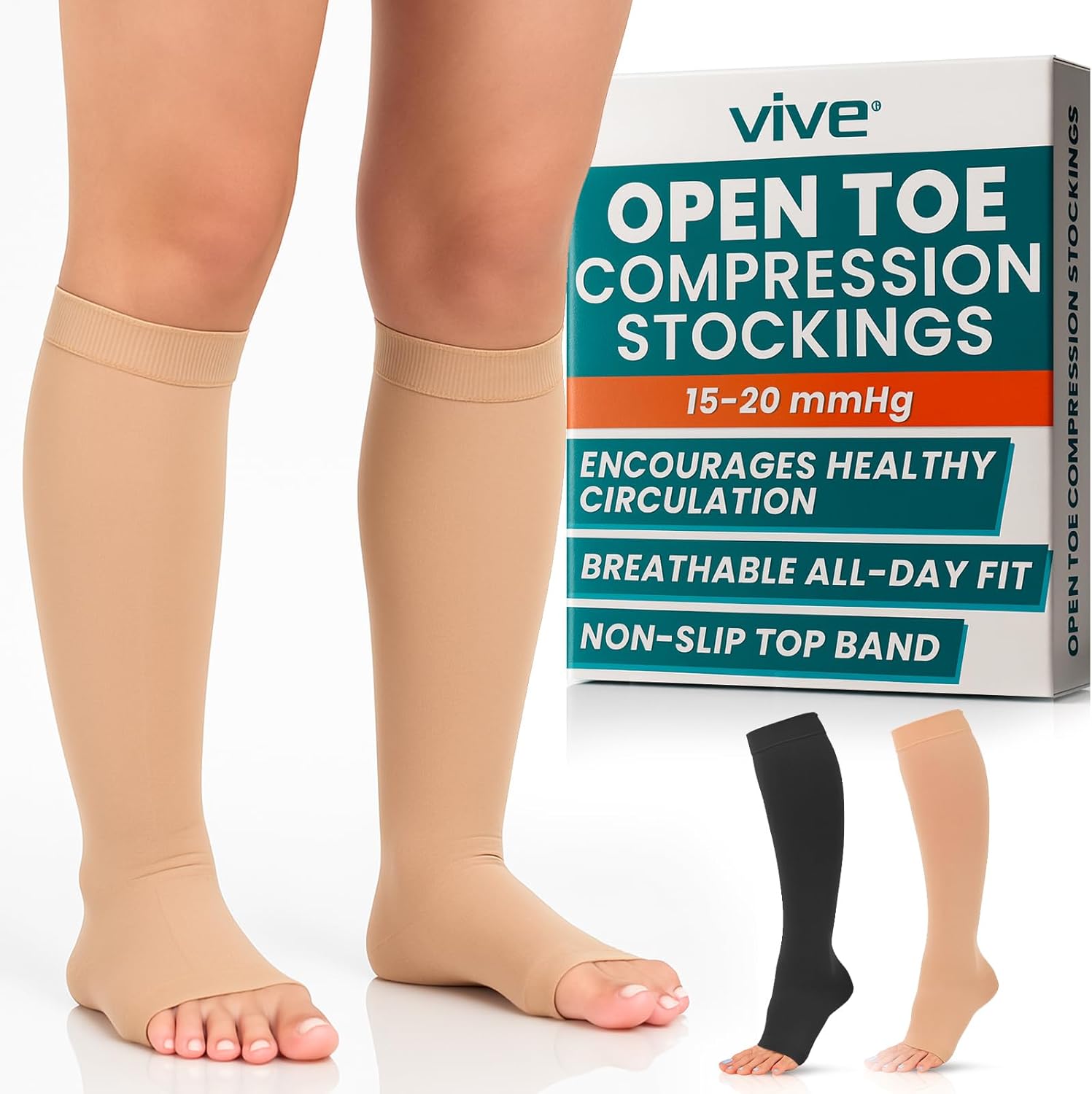 Vive 15-20 mmHg Medical Grade Compression Socks for Women & Men Open Toe - Knee High Support Stockings for Varicose Veins, Lymphedema, Plantar Fasciitis, Pregnancy, Restless Legs Syndrome, Swelling