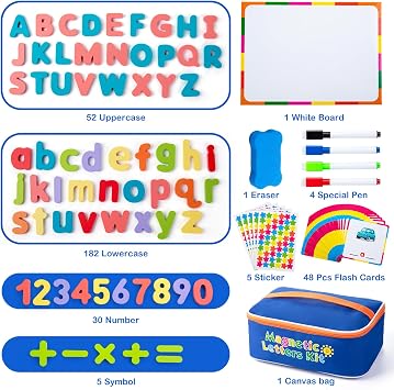 Sundaymot Magnetic Alphabet Letters Kit,310 Pcs with Magnetic Board and Organizer Bag, Upper and Lower Case Wooden Letters, Educational Toy Set for Classroom Kids Learning Spelling