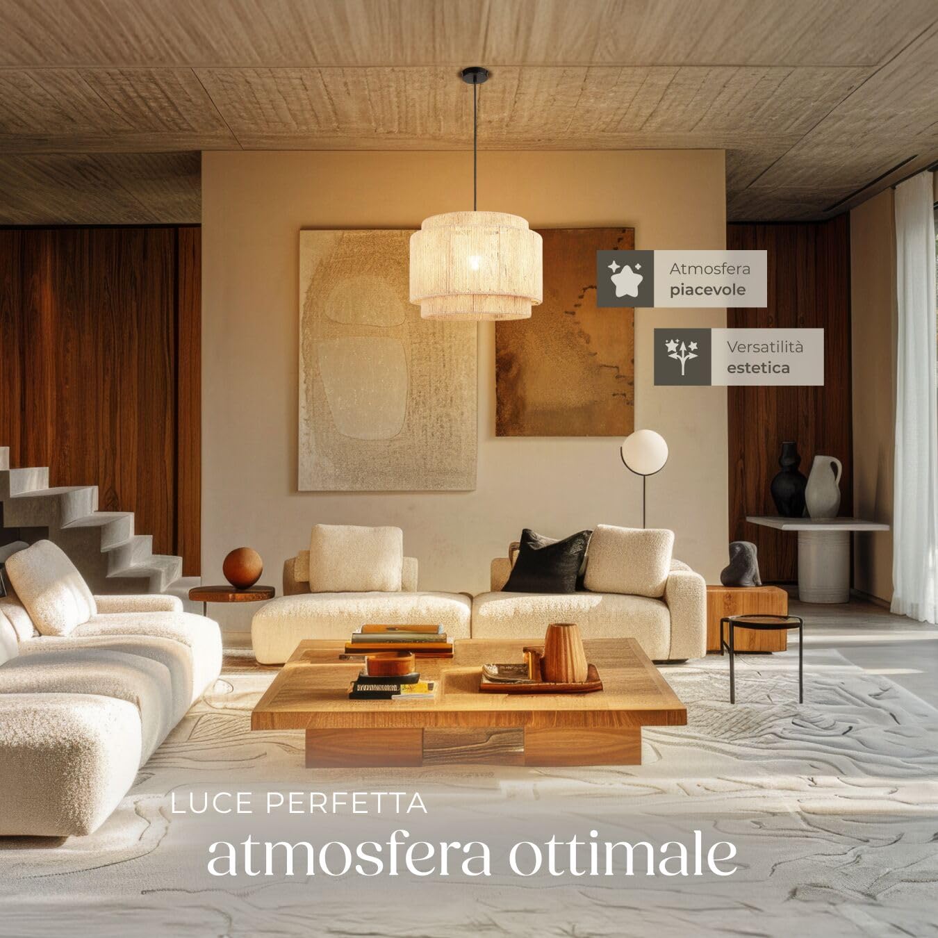 tectake® lampada a sospensione boho chic, lampadario cucina in juta a 3 livelli, paralume intrecciato E27, plafoniera soffitto, lampadario soggiorno, salotto, arredamento casa, 40W - Ø 46 x 32 cm