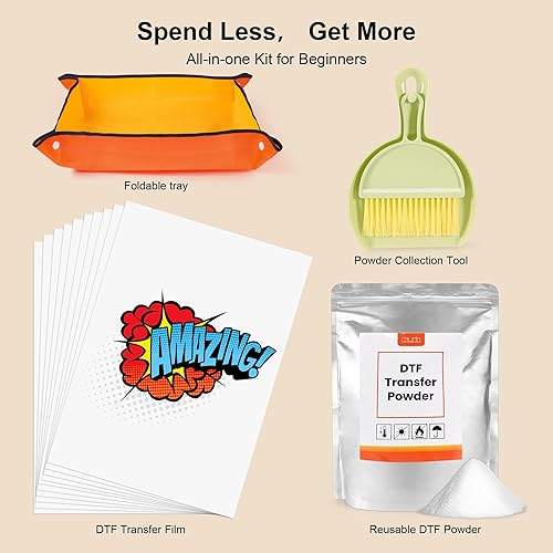Miniatura 6 de Caydo Kit de polvo de transferencia DTF Flim - 10 hojas de película de transferencia A4 para impresora de sublimación DTF, polvo DTF (3.5 onzas),