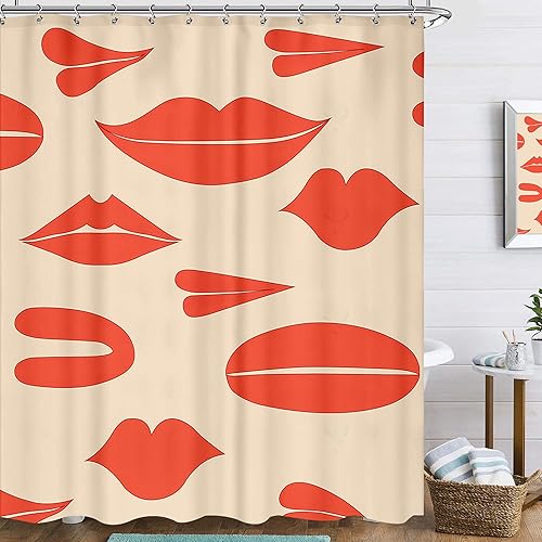 Cortina de ducha de labios rojos con estética vintage, de 60 pulgadas de ancho x 72 pulgadas de largo, color beige Matisse beige moderno, funky