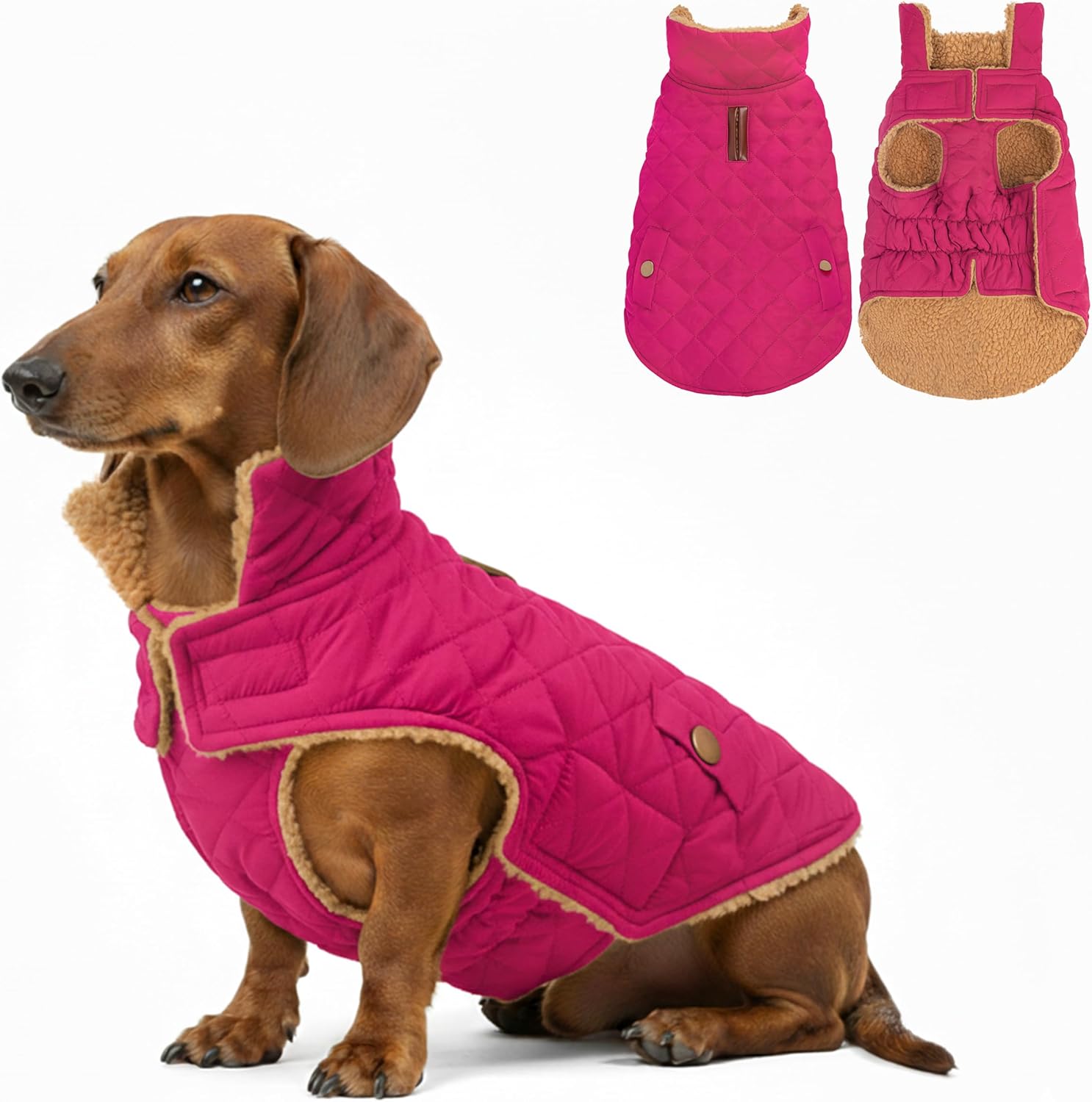 azuza Dog Jacket Waterproof & Windproof Dog Coat for Small Dogs with Thick Fleece, High Collar with Leash Hole, Adjustable Velcro & Elastic Belly, Rose Red M