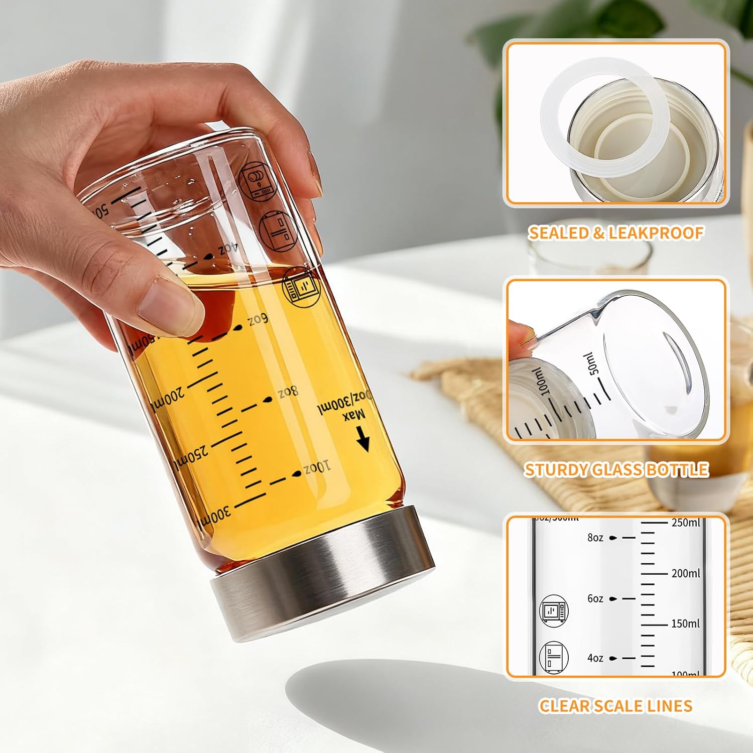 Glass Juice Bottles 16 Oz, Wide Mouth Reusable Clear Glass Water Bottles with Graduations 100% Leak Proof Stainless Steel Lids, BPA Free, Fits in Cup Holder Juice Containers Set of 4