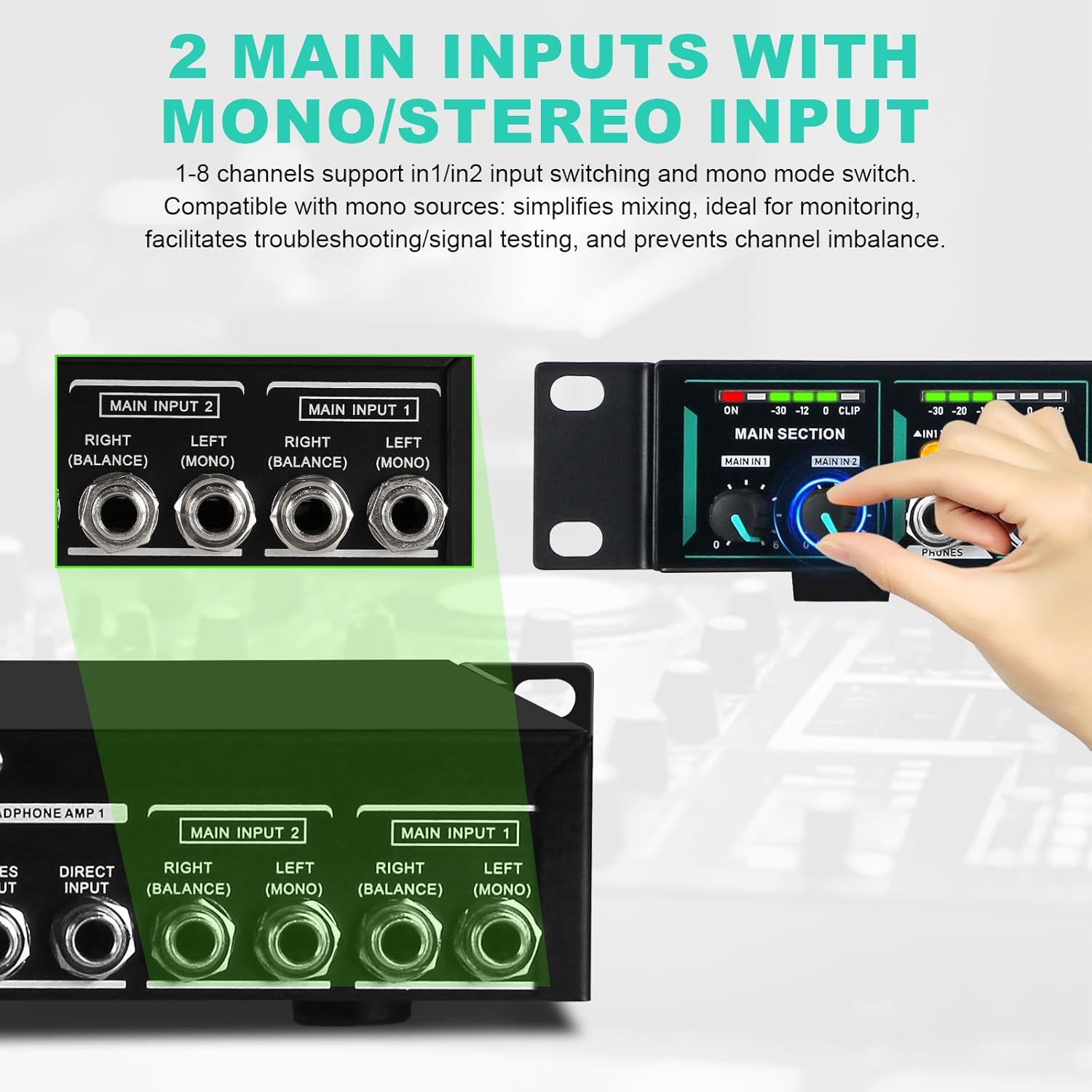 8-Channel Headphone Mixing Distribution Amplifier, Mountable High-Power Headphone Splitter Amp with Mono/Stereo Modes, 16 Headphone Outs, LED Meters for Studio & Live Sound Monitoring