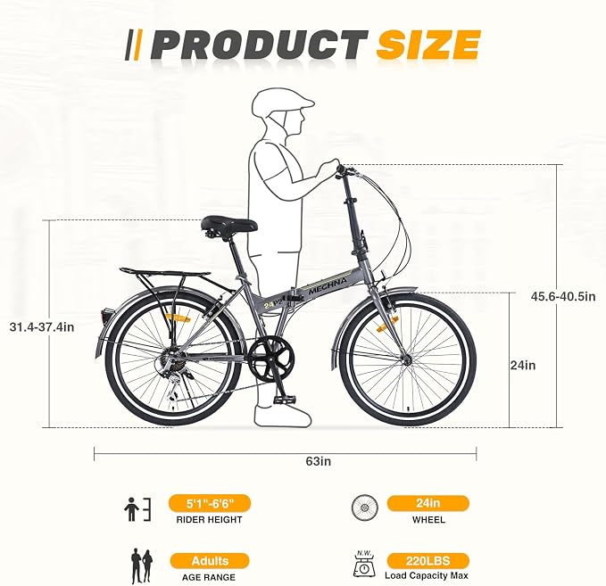 Bicicleta plegable 24" para adultos, 1 velocidad miniatura 2