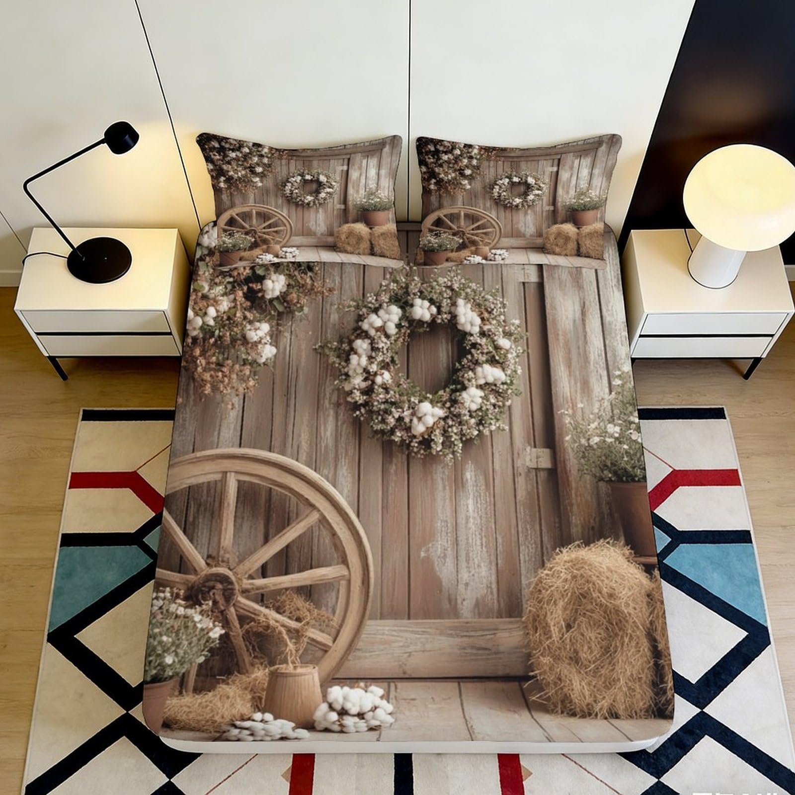 Pnayamiorkfel Style-10 3D Printed Rustic Barn Door Fitted Sheet Microfiber Farmhouse Wreath Mattress Cover For Bedroom Guest Room 90X200x25cm