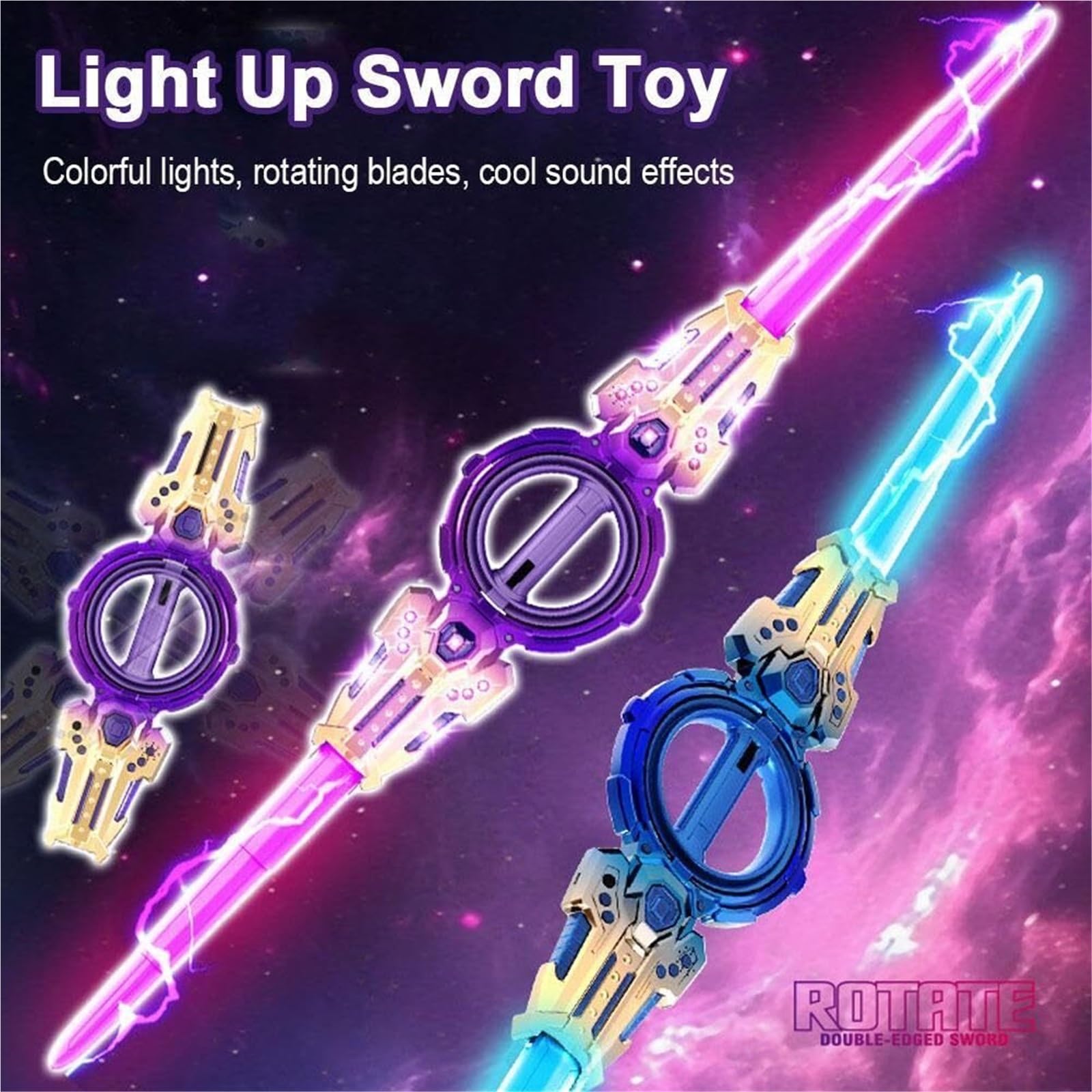 Generico Sciabola con Spada Illuminata, Spada Laser A Doppio Taglio con Spada Laser con Luci A LED, Telescopica A Doppia Testa for Le Feste(Blue Gold)