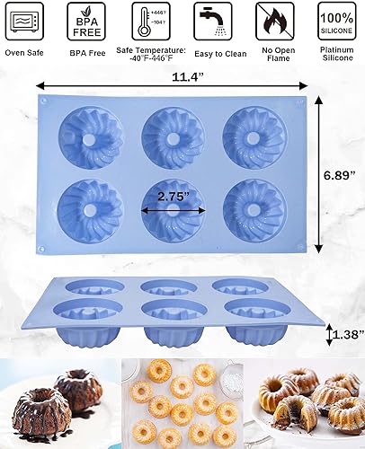 Miniatura 2 de Jello Molds - 3 moldes de silicona para tartas de tubo estriado, 6Cavity Heritage Bundtlette molde de silicona para hornear moldes antiadherentes