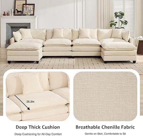 Miniatura 5 de Sofás seccionales modernos de 113.8 pulgadas para sala de estar, cómodo sofá nube de felpilla beige, sofá seccional de 3 plazas para sala de estar