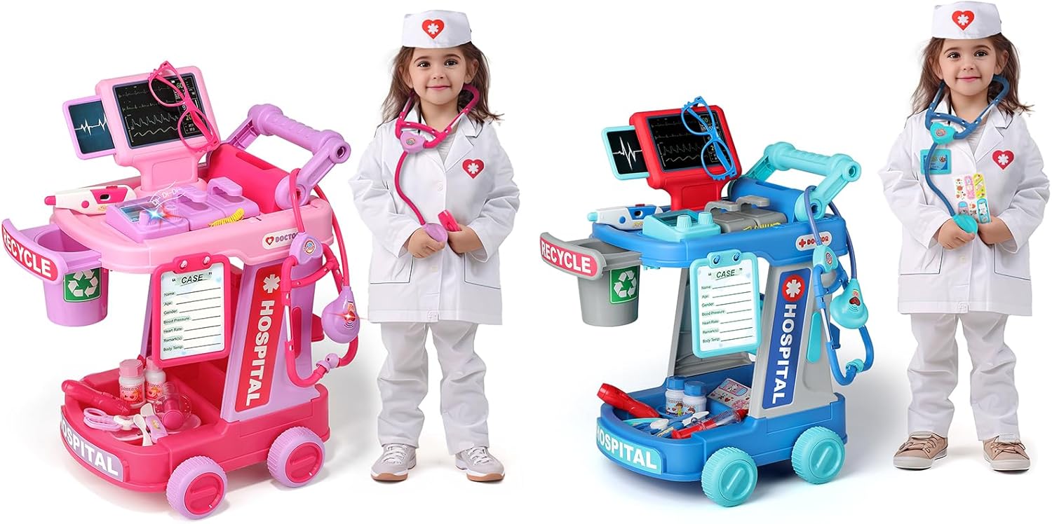 Liberry Doctor Toy for Toddlers 3 4 5 Years Old Boys and Girls Christmas Birthday Gift, Kids Doctor Cart Play Set Pink & Green