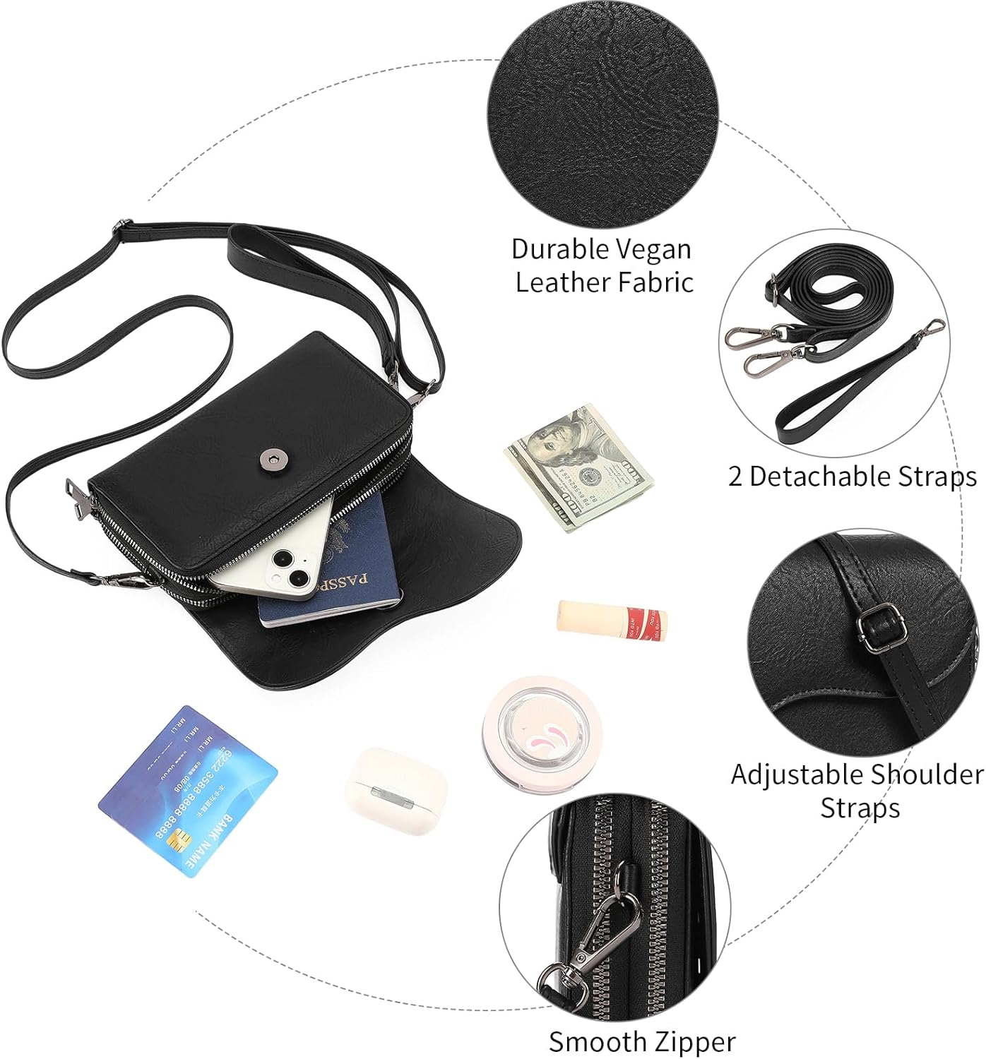 GOIACII Small Crossbody Bags for Women Wristlet Wallet 2 Zippers Clutch Phone Purse Leather Flap Handbag