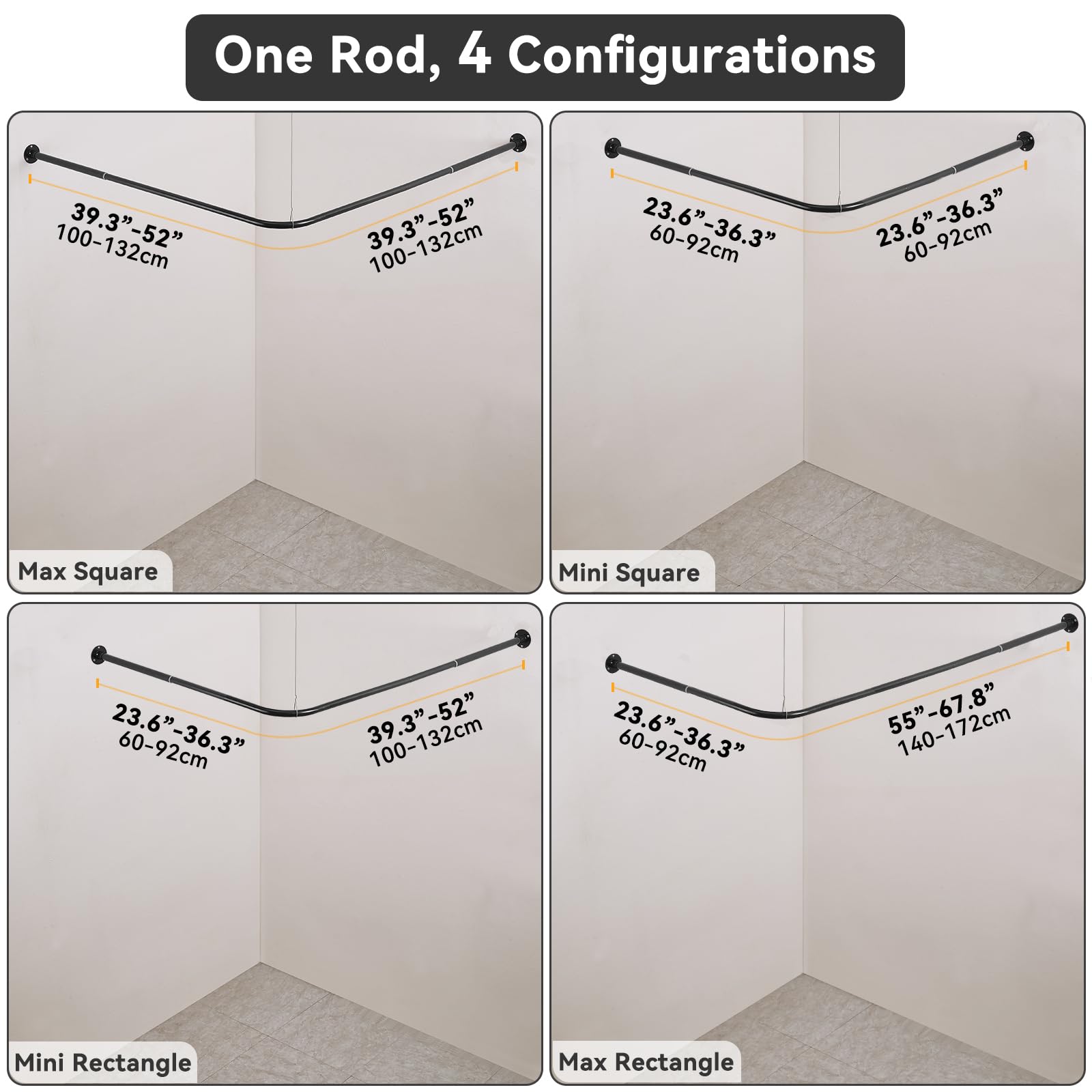 Asta Doccia Angolare a L, Regolabile [60-132 cm] x [60-132 cm], Robusta e Regolabile 90° per Bagno, Vasca ed Esterno con 12 Ganci e Supporto a Soffitto