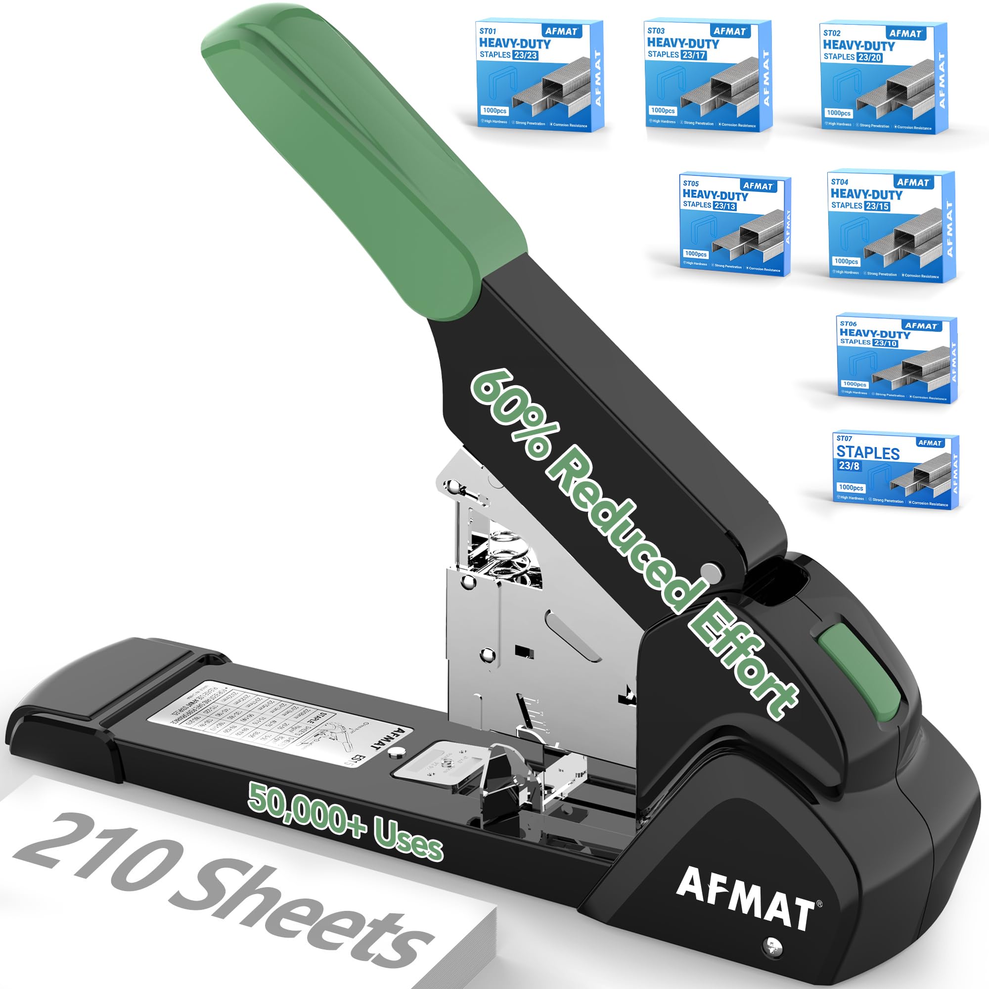 AFMAT ES15 Heavy Duty Stapler, 210 Sheet Effortless Stapler for Desk, 60% Reduced Effort, Jam Free, 50,000+ Uses, Adjustable Paper Depth, Metal Desktop Staplers for Office, Includes 7000Pcs Staples