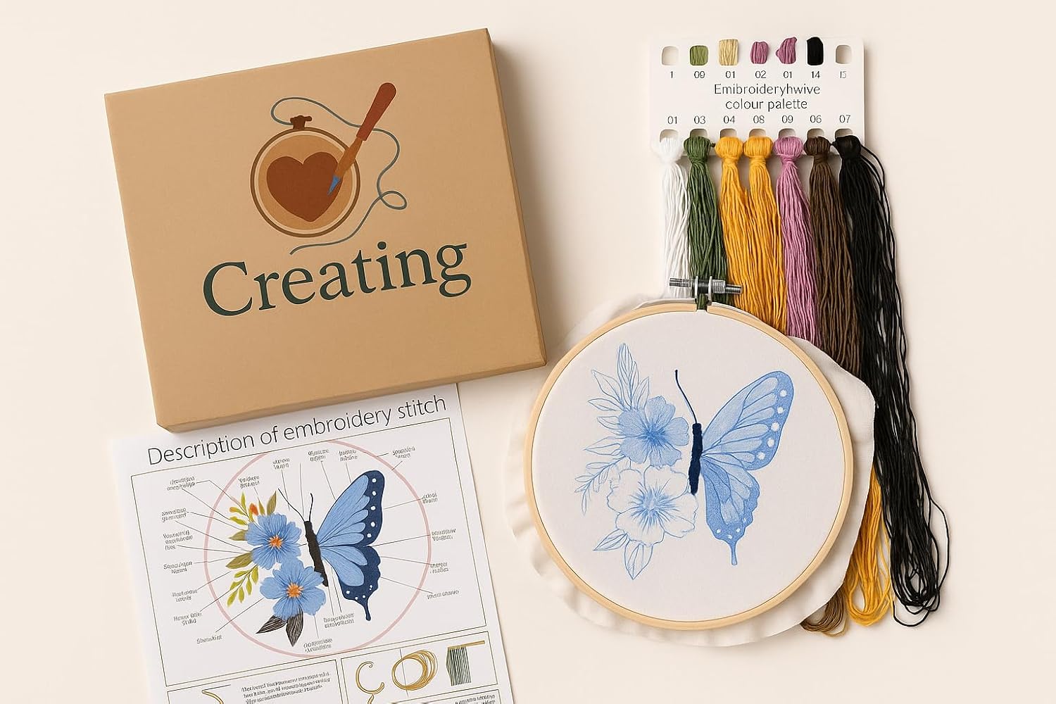 Butterfly Embroidery Kit, Complete DIY Needlework Set with Pattern, Hoop, Threads and Instructions- Home Wall Decortr Art Project