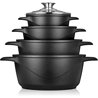 briebe MGK-12 Induction Saucepan Set, 4 Pots Made of Cast Aluminium, Non-Stick Coating Ilag Granitec without PFOA, Glass Lids