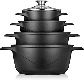 briebe Cookware Set 8 Piece, 4 Cast Aluminium Casseroles Dish Cast Aluminium, ILAG GRANITEC Non-Stick, Set of Pots and Lids Glass, Silicone Gloves, Ceramic Hob, Gas, Oven