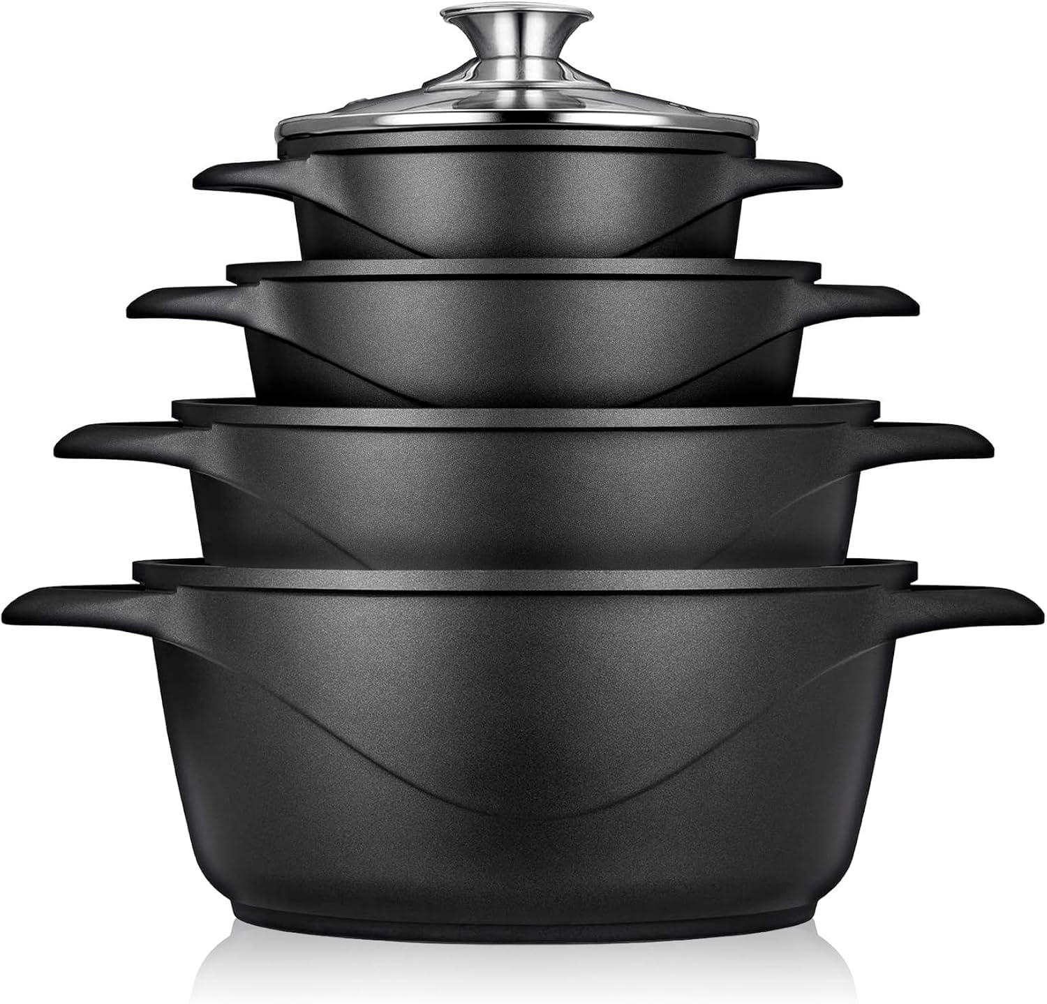 briebe Set Pentole Induzione Batteria 8 Pezzi, 4 Casseruola, Alluminio Pressofuso, Antiaderente senza PFOA, Coperchi in Vetro, Guanti in Silicone, Vetroceramica, Gas, Forno, MGK-12