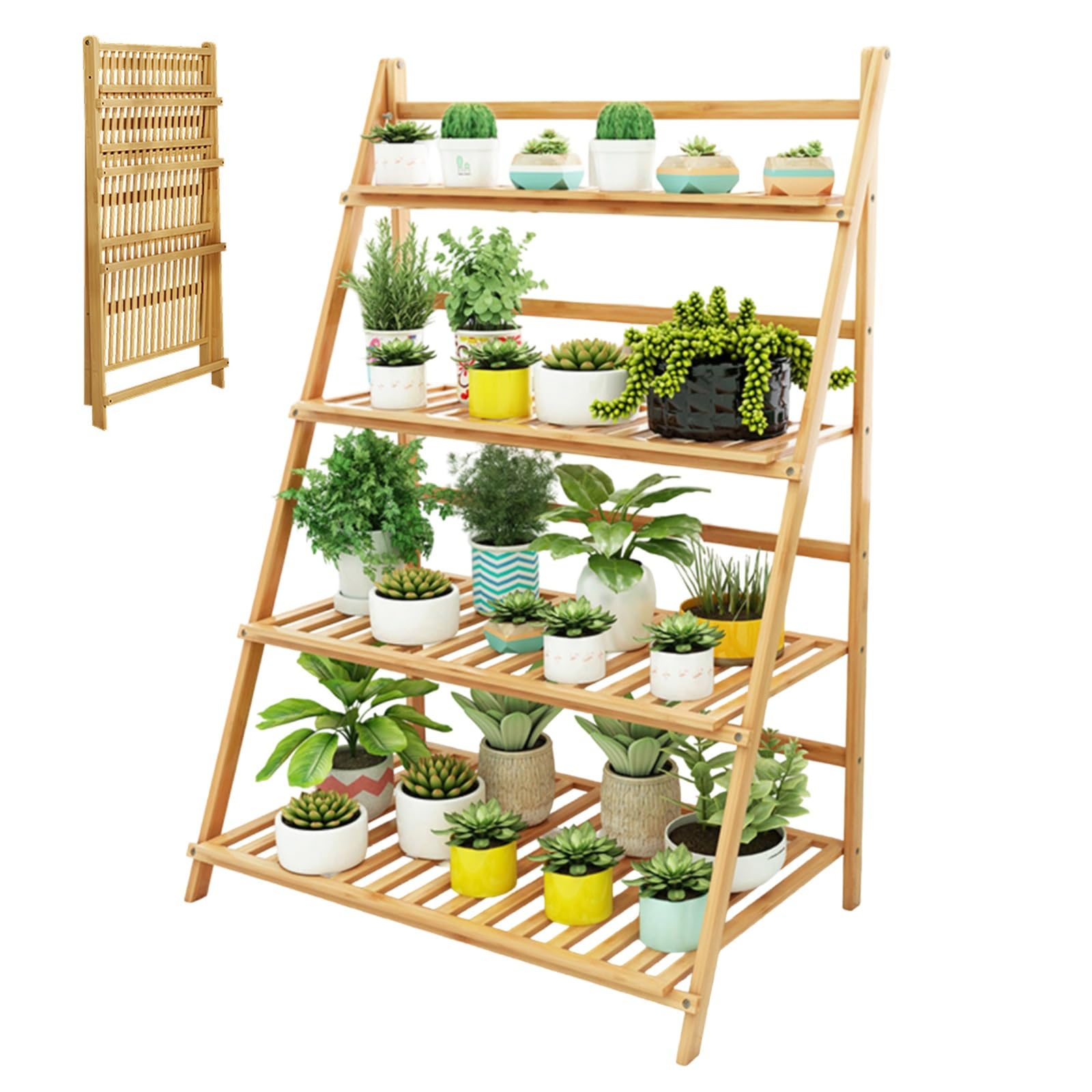 Support échelle pliable en bambou pour pot de fleurs et plantes grasses pour intérieur/extérieur, jardin et balcon – Étagère d'angle élégante (80 cm, 4 niveaux)