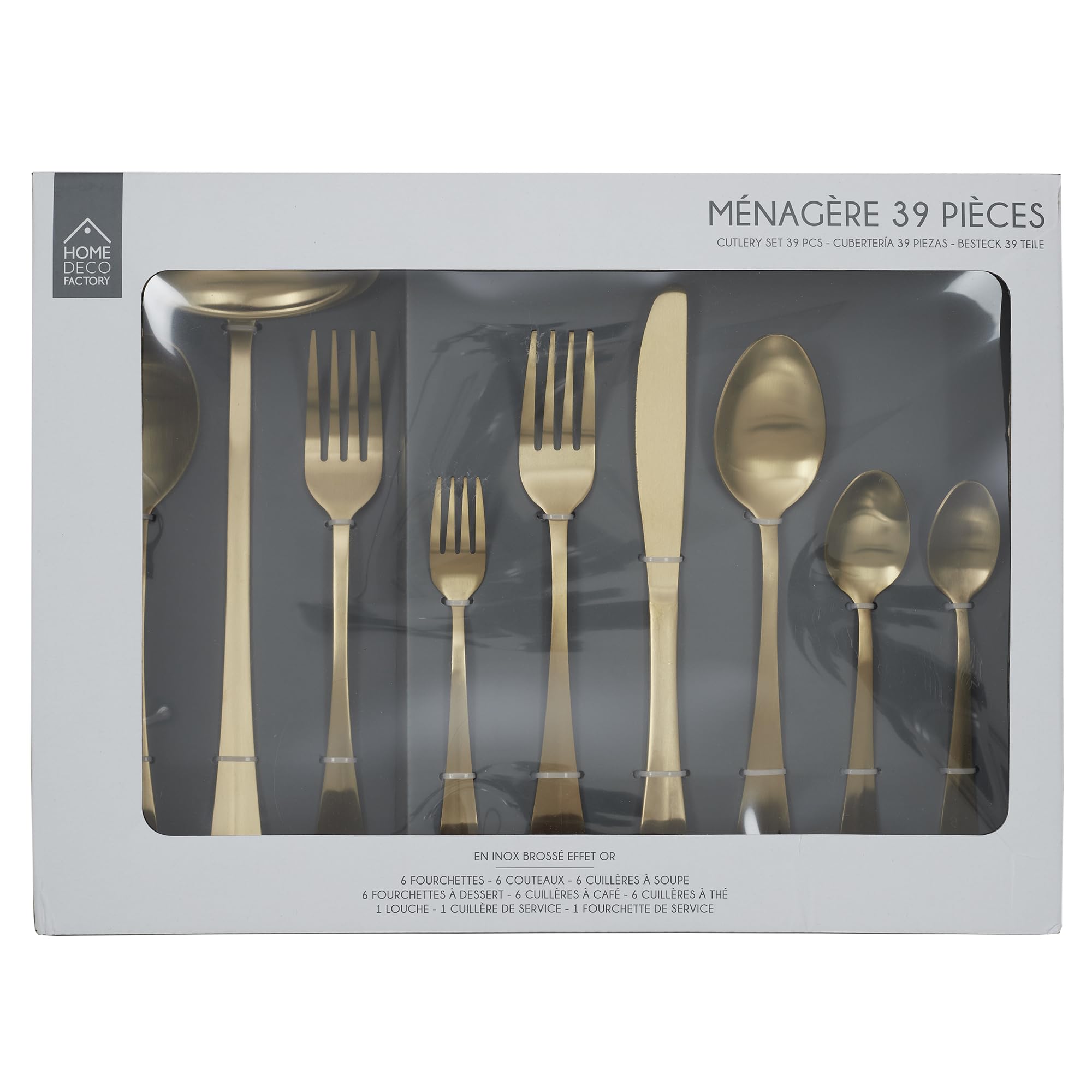 HOME DECO FACTORY - KA4662 Ensemble Couverts 39 Pièces Dorés - Élégant pour Dîners Raffinés - Idéal Occasions Spéciales et Quotidien - Taille Parfaite - Doré