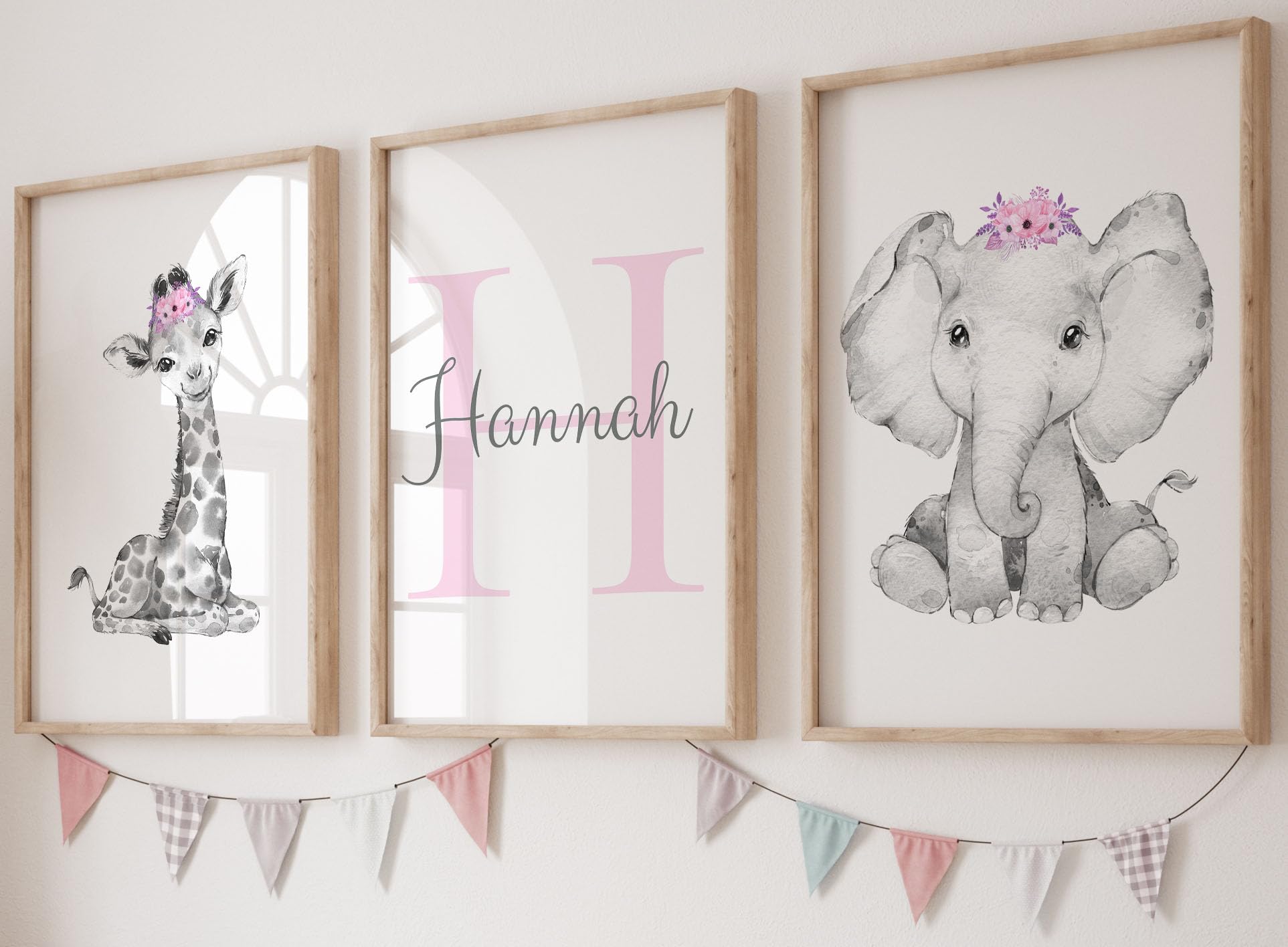 Safari Animals Baby Girls Nursery Bedroom Prints Unframed Set of 3 with Personalised Name, Nursery Wall Art Decor Gift Present in Grey Pink Purple, Giraffe Elephant (A5)