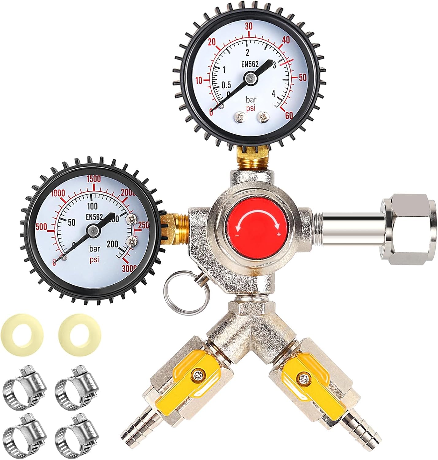 Co2 Regulator for Kegerator, CGA-320 Co2 Regulator Dual Output Co2 Tank Regulator with 4 Hose Clamps, Draft Beer Kegerator Co2 Regulator Co2 Pressure Regulator for Home Brewing
