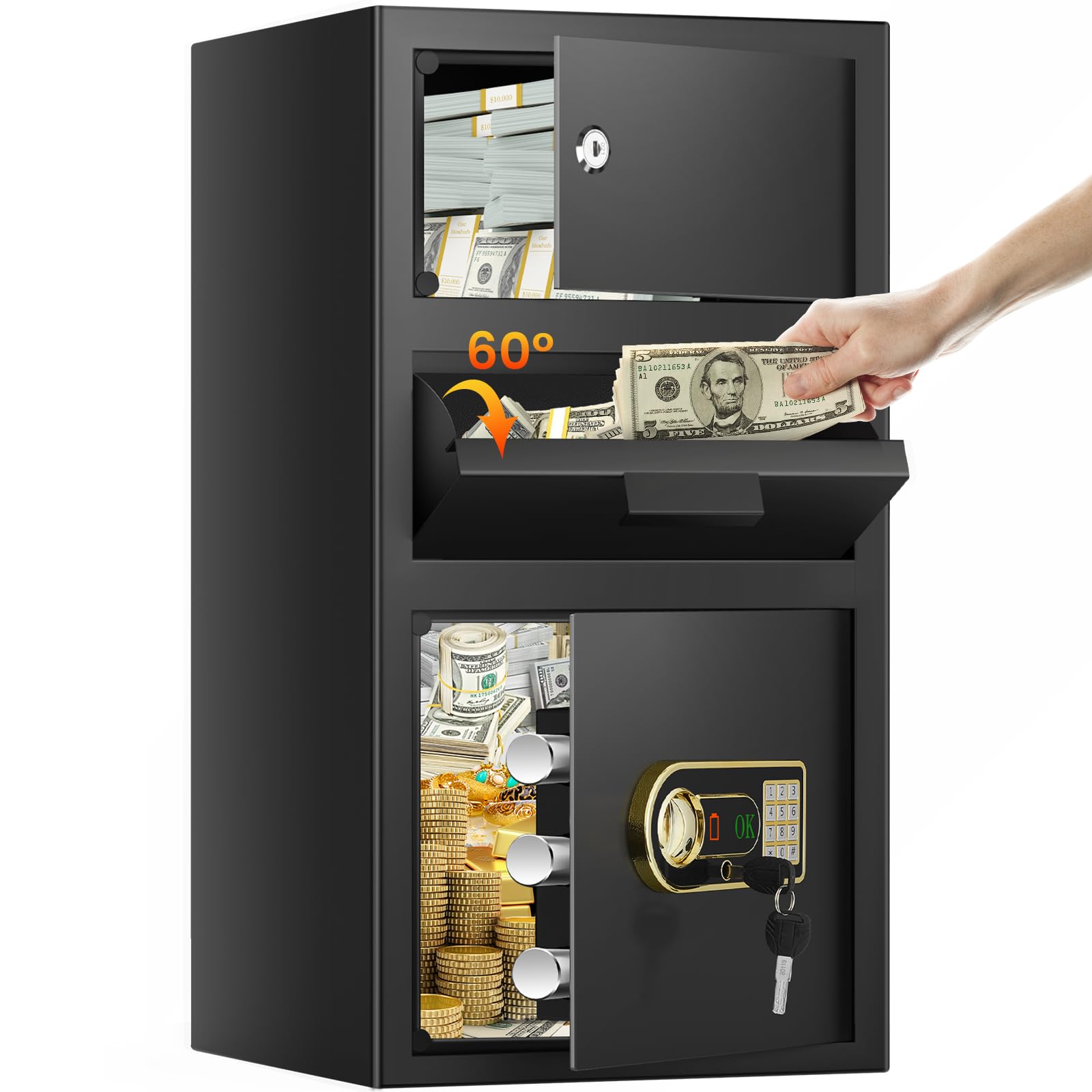 6.0 Cu ft Large Drop Safe Box for Business, Anti-Theft Cash Safes Drop Box with Drop Slot, Digital Keypad and Spare Key, Heavy-duty Depository Drops Safe for Home Retail Busines Restaurants