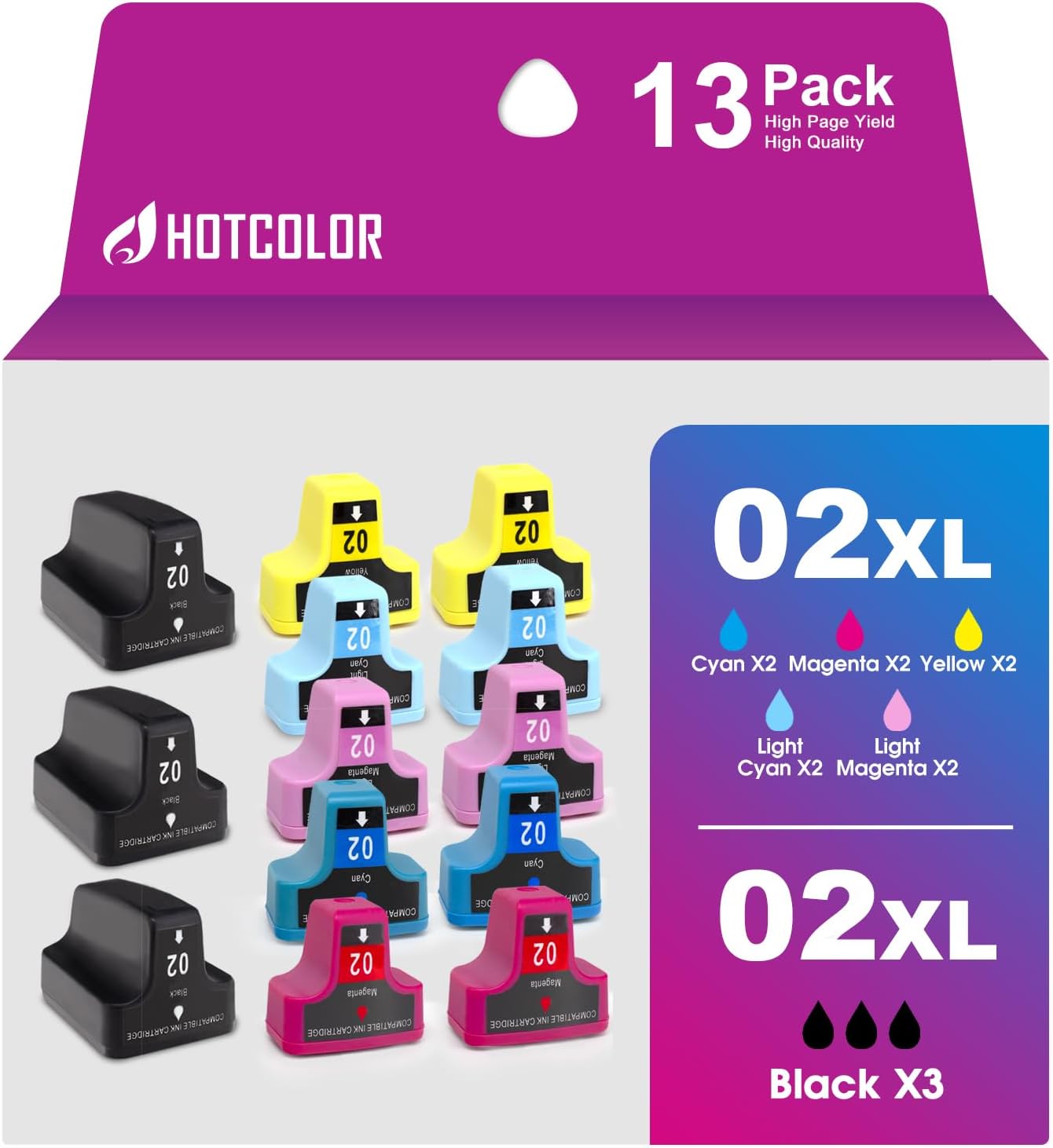 HOTCOLOR12 Pack + 1 Black Ink Cartridges for HP 02 HP 02XL Photosmart 3310 C6180 C5280 C6280 Printer