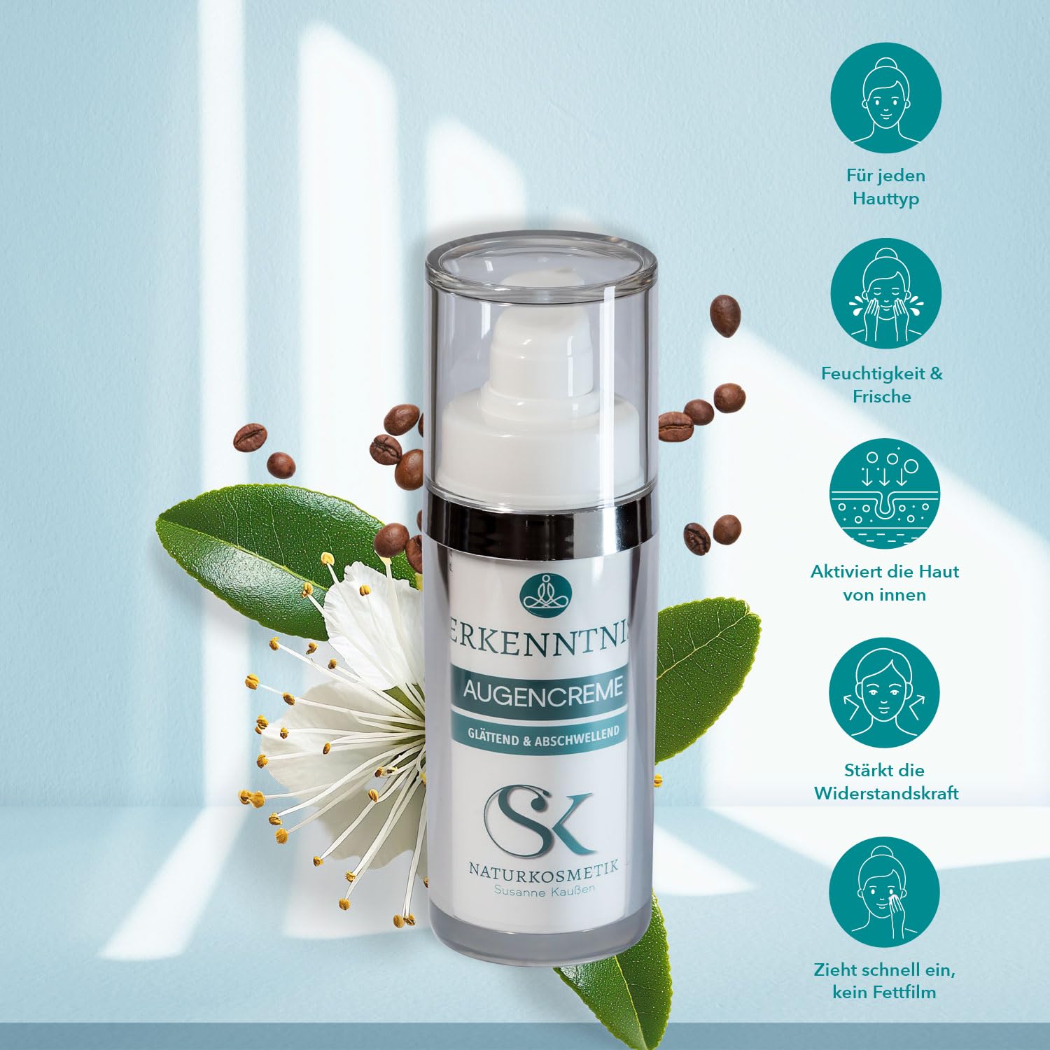 SK Naturkosmetik ERKENNTNIS Augencreme – Frischekick für wache, strahlende Augen | abschwellend & glättend mit Koffein, Myrthenöl & kolloidalem Silber | parfumfrei & allergikerfreundlich