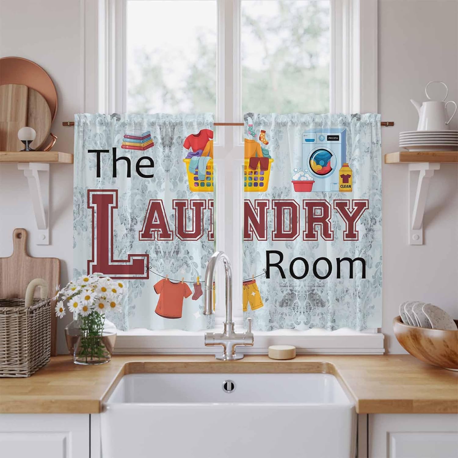 Laundry Room Kitchen Curtain 45 Inch Length, Rustic Blue Fold Short Cafe Tiers Curtains Drape, 2 Panel Window Treatment Rod Pocket Drapery Panels Curtains for Laundry Room/Kitchen Windows, 104x45